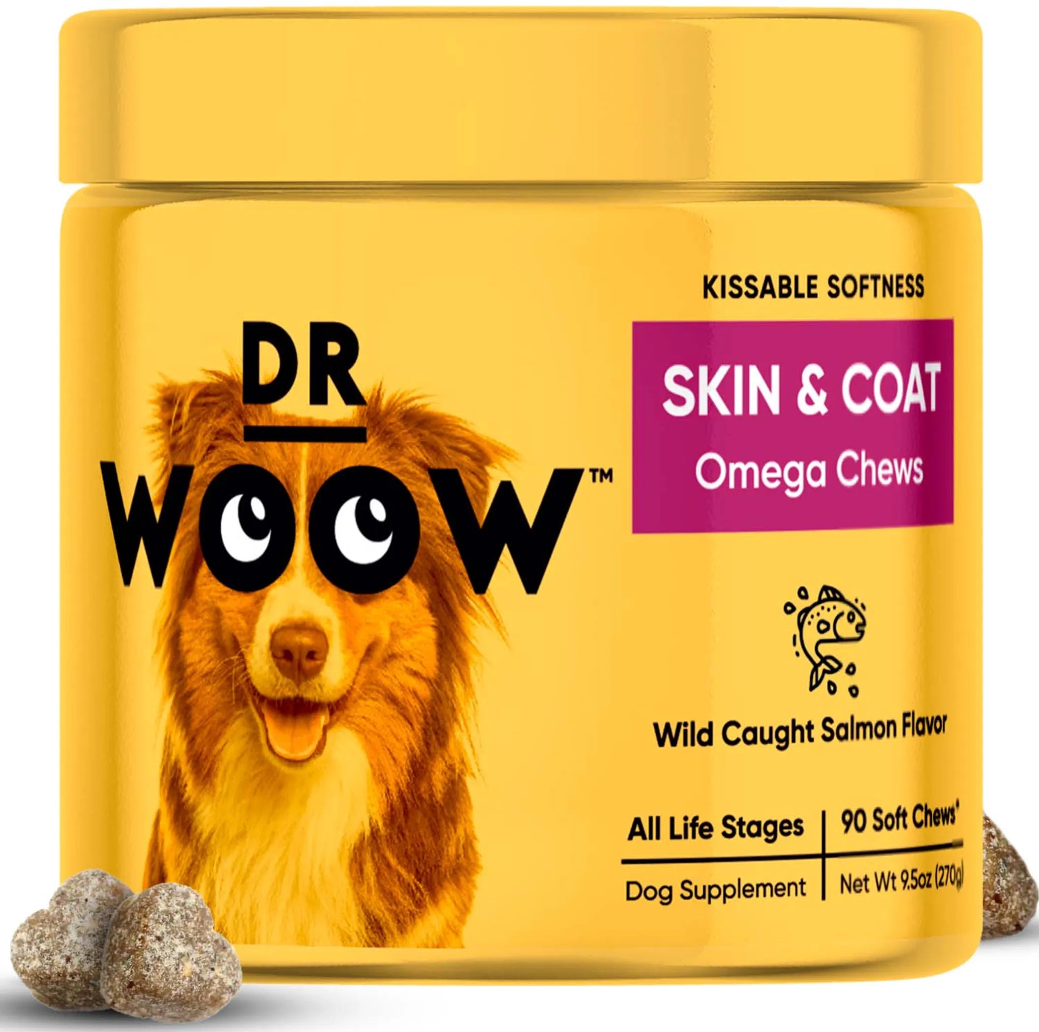 DR WOOW Skin and Coat Soft Chews for animals, showing chew treats in a natural setting, promoting healthy skin and shiny coat.