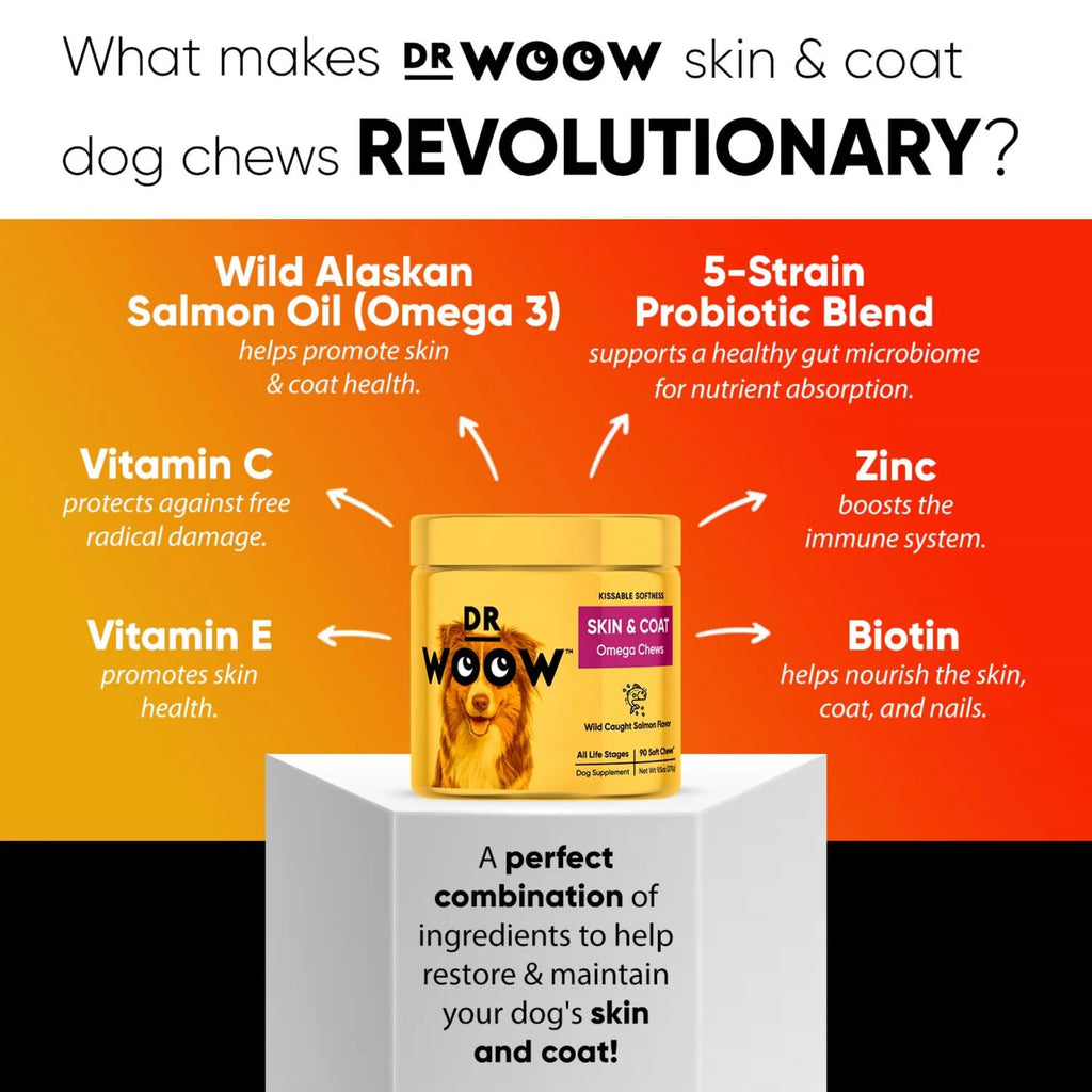 Dog skin and coat soft chews by DR WOOW, animal vitamins and supplements with colorful packaging and chew treats for healthy skin.