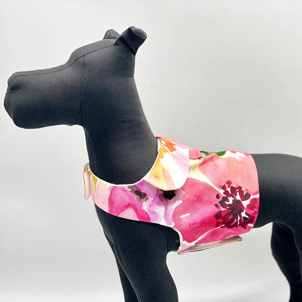 DoggieCoutureNY DCNY "Fine Art Frolic" pink vest-style dog harness on a small dog, featuring a stylish and comfortable design.