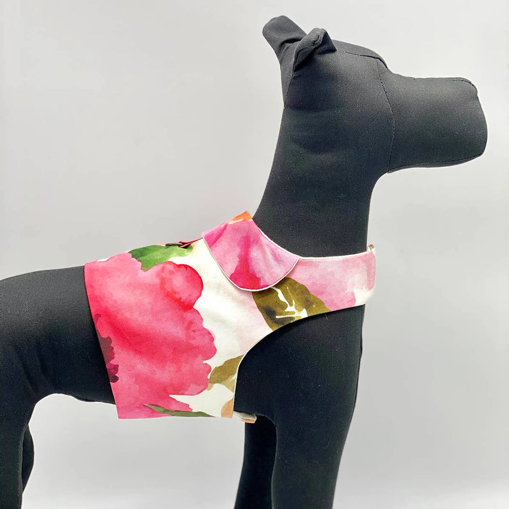 Pink vest-style dog harness from DCNY's Fine Art Frolic collection, featuring a comfortable fit and stylish design.