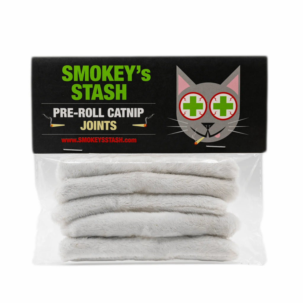 Smokey's Stash Catnip pre-rolled joint treats for cats, featuring a colorful package with playful cat-themed design.