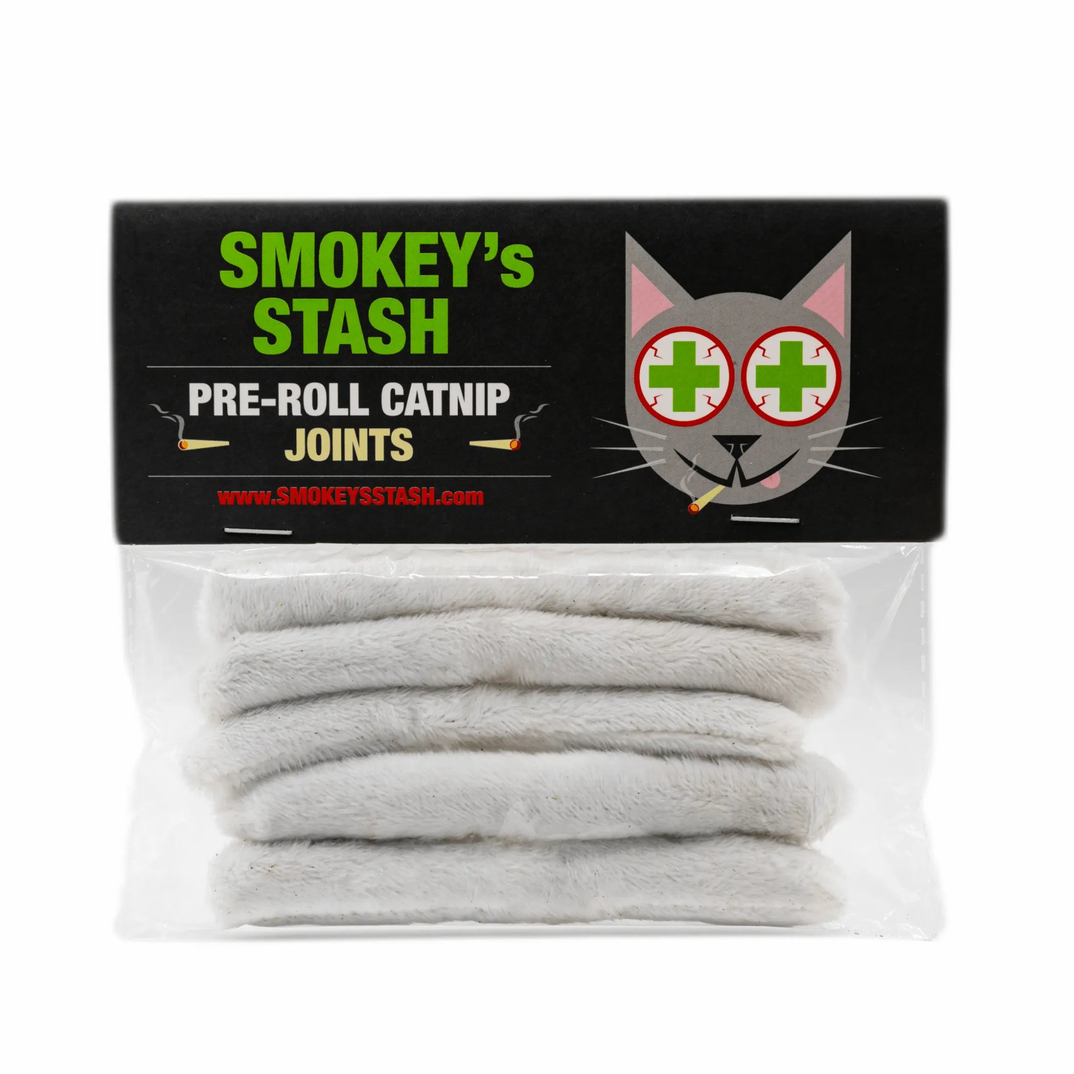 Smokey's Stash Catnip Pre-Rolled Joints, cat treats with catnip, displayed in a clear container against a white background.