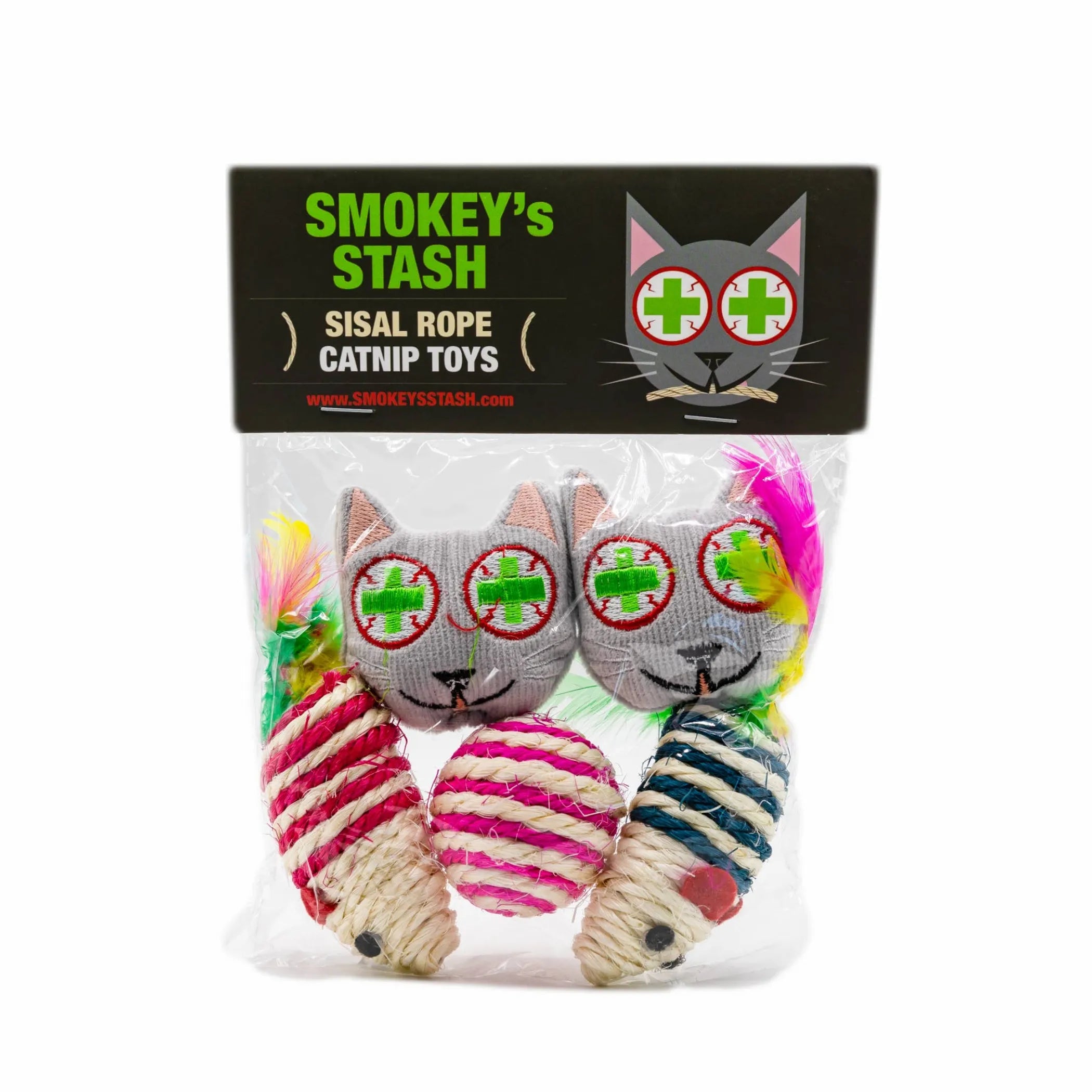 Smokey's Stash catnip toy and sisal mouse set with colorful plush and woven textures, designed for playful cats.