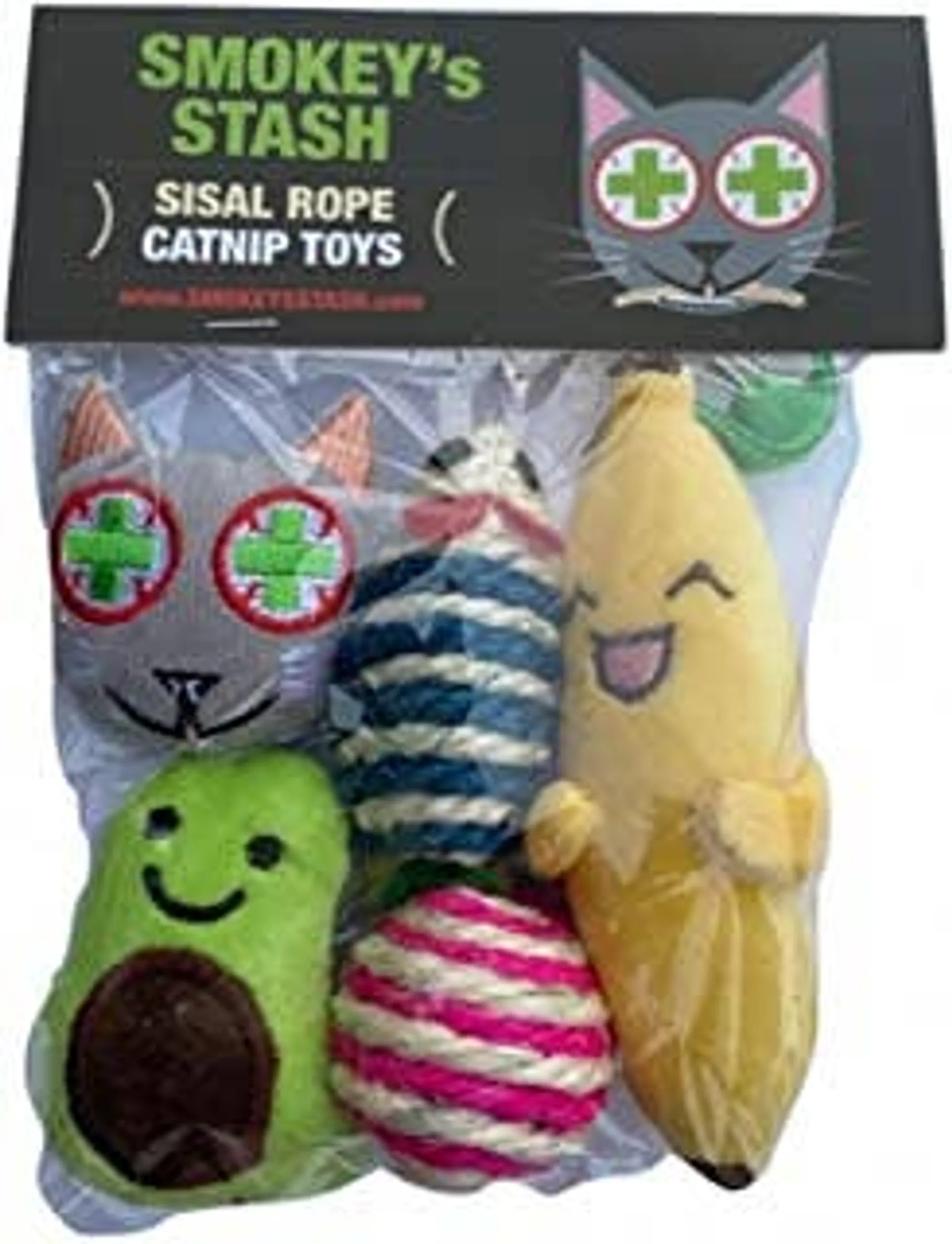 Smokey's Stash catnip toys featuring avocado, banana, and sisal rope designs for cats to play and chew.