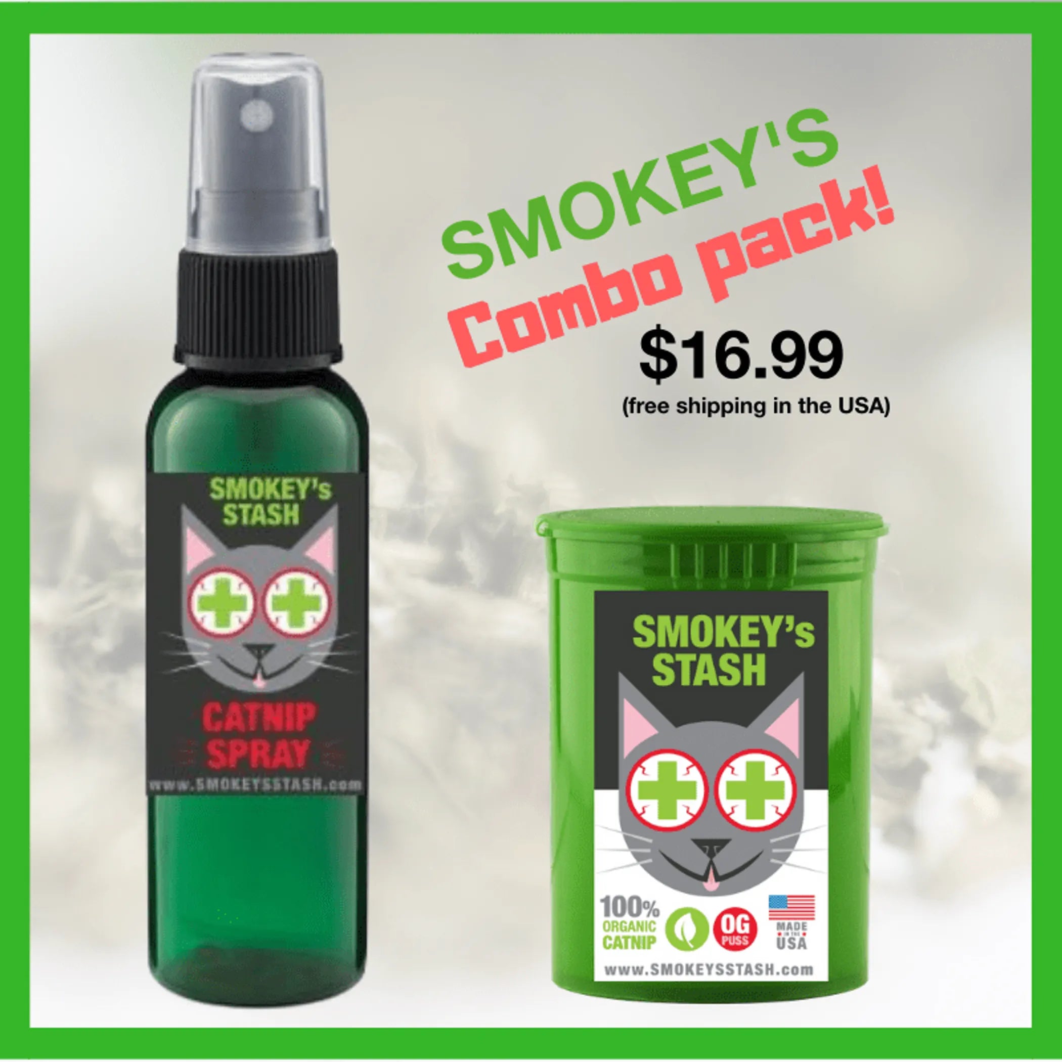 Smokey's Stash Catnip Combo Pack of cat treats with colorful packaging and illustrations of playful cats.