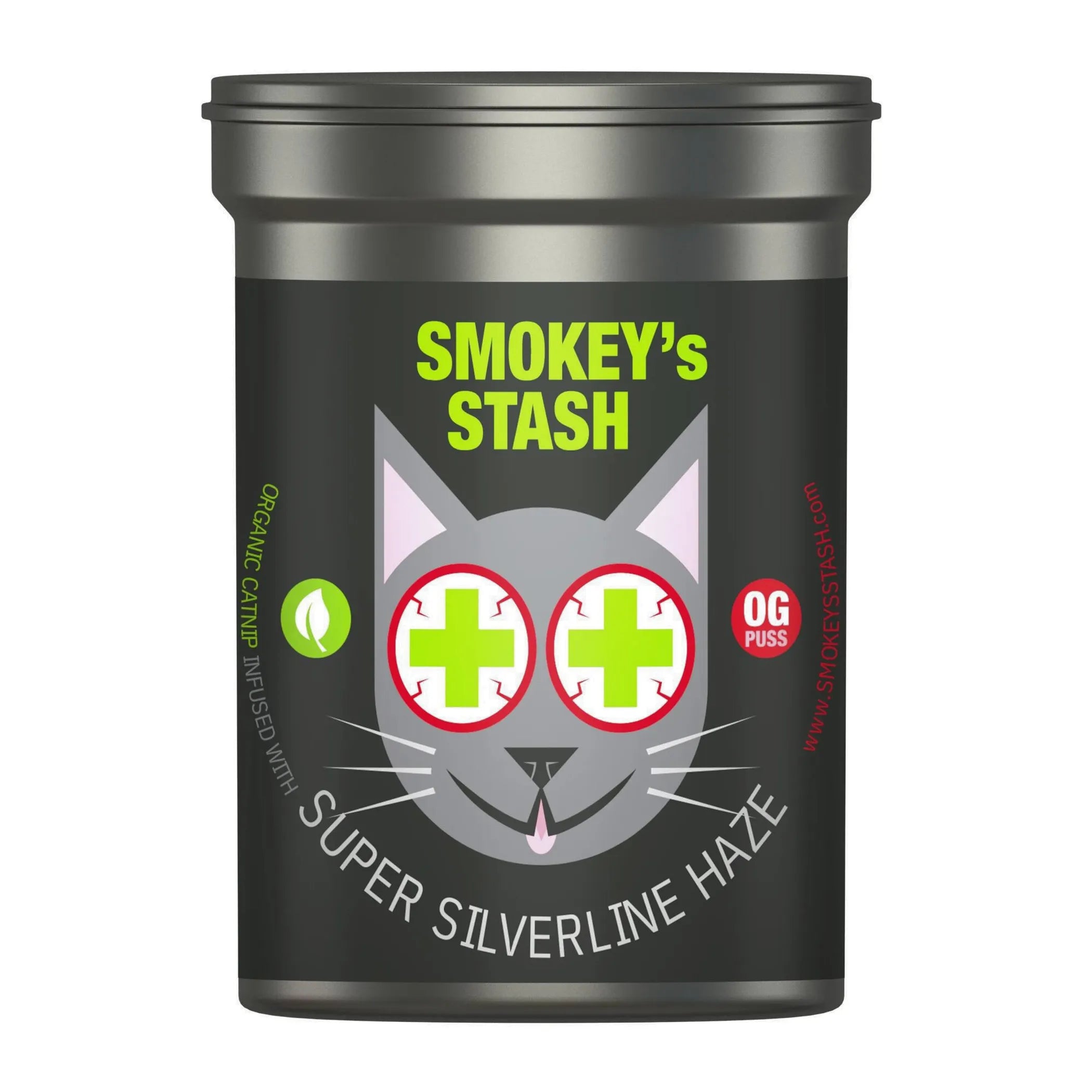 Smokey's Stash Silvervine Haze cat treats with potent catnip and silver vine, shown in a resealable bag for feline enjoyment.