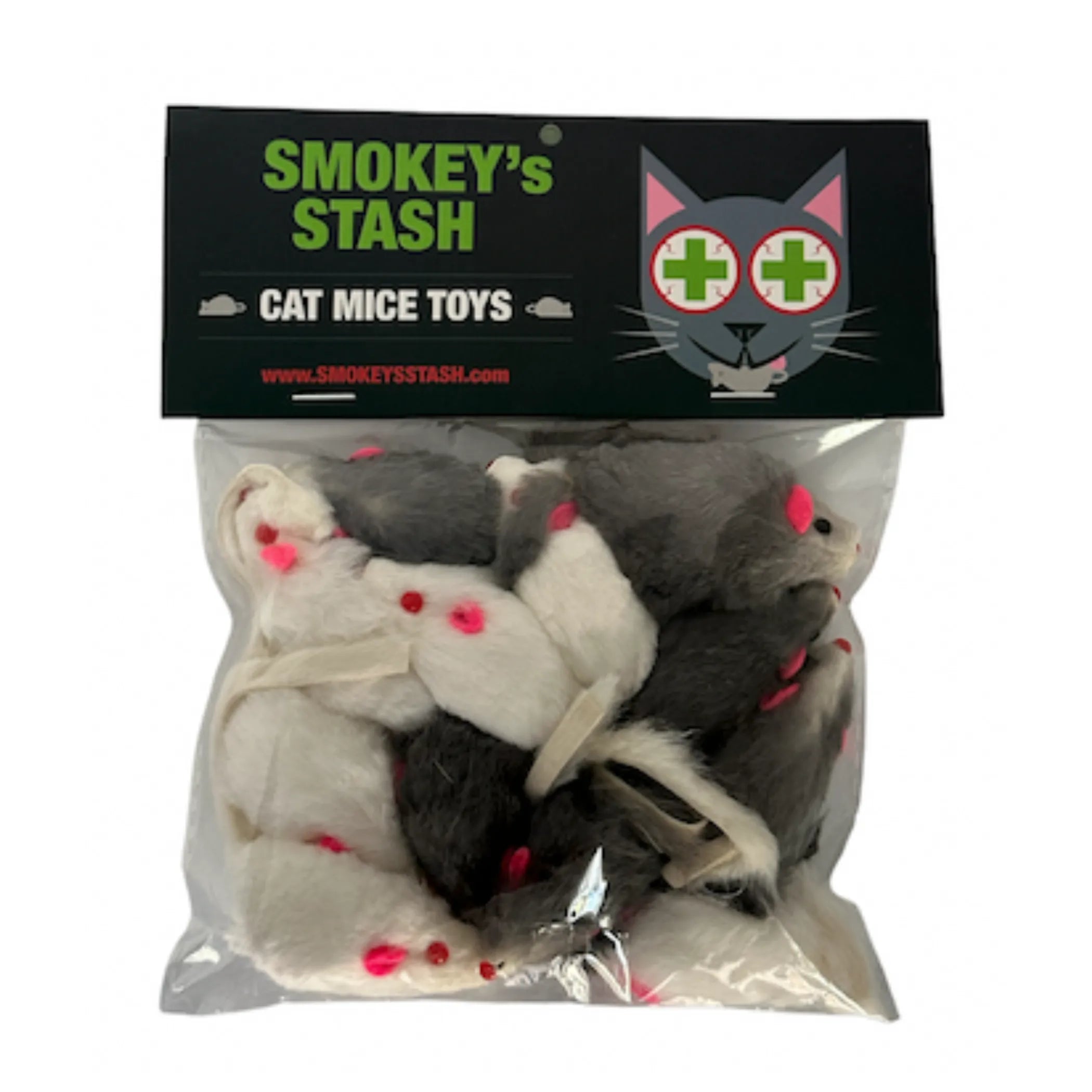 Smokey's Stash rabbit fur mouse cat toy with plush texture and realistic design, perfect for entertaining feline pets.