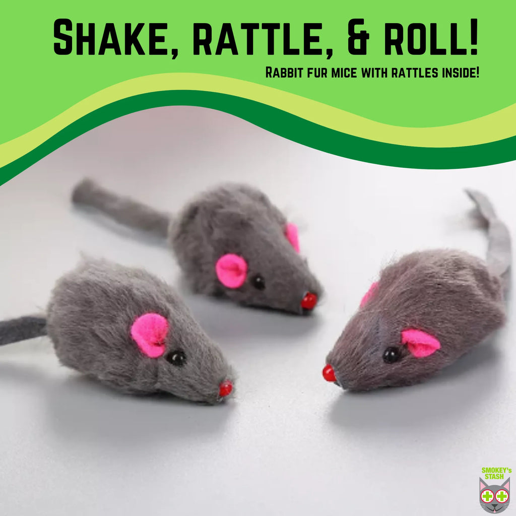 Smokey's Stash rabbit fur mouse cat toy with realistic features and soft fur for cats to chase and play with.