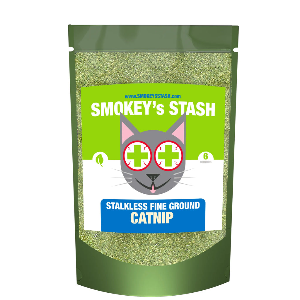 Dried ground catnip treat from Smokey's Stash, showing the green, finely ground catnip in a clear container.