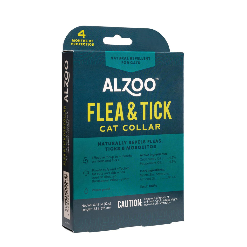 ALZOO plant-based flea and tick collar for cats, showing the adjustable collar with a secure buckle and eco-friendly design.