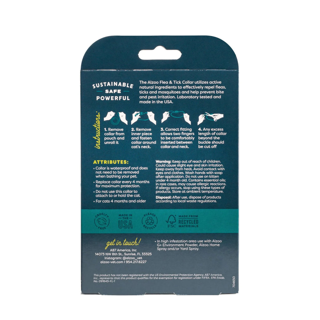 ALZOO plant-based flea and tick collar for cats, showing green collar with adjustable strap and safety buckle.