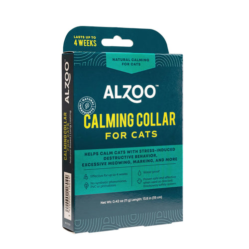 ALZOO plant-based calming cat collar with adjustable strap, designed to soothe cats and promote relaxation.