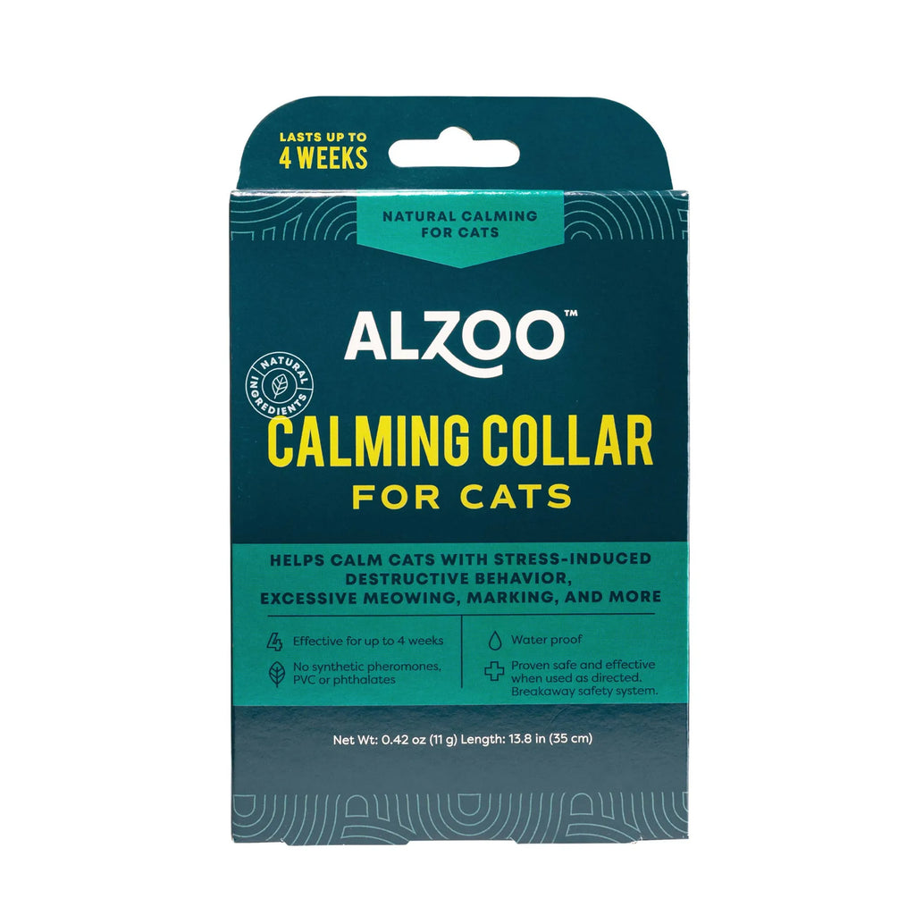 ALZOO plant-based calming cat collar with adjustable strap and subtle floral design for soothing feline comfort.