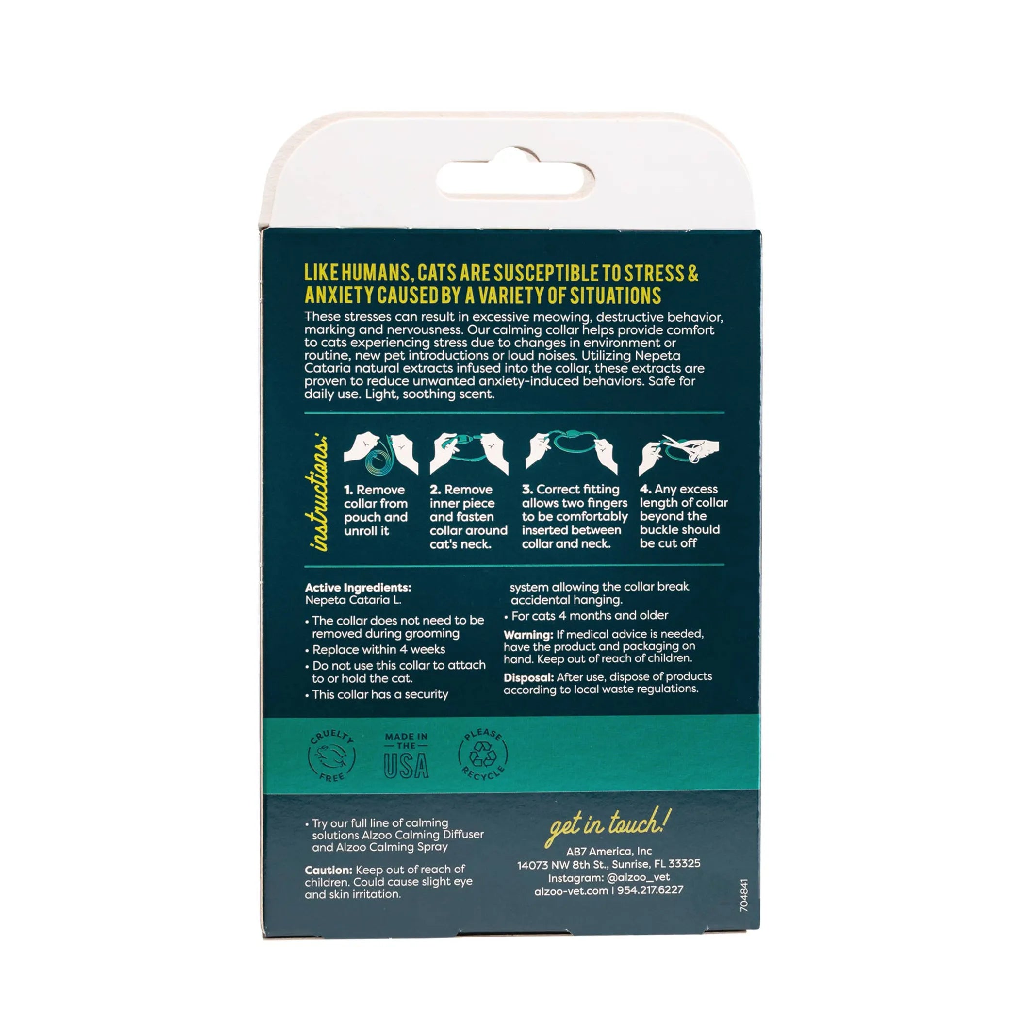 ALZOO plant-based calming collar for cats, featuring a lightweight, adjustable design with natural botanical scents for stress relief.