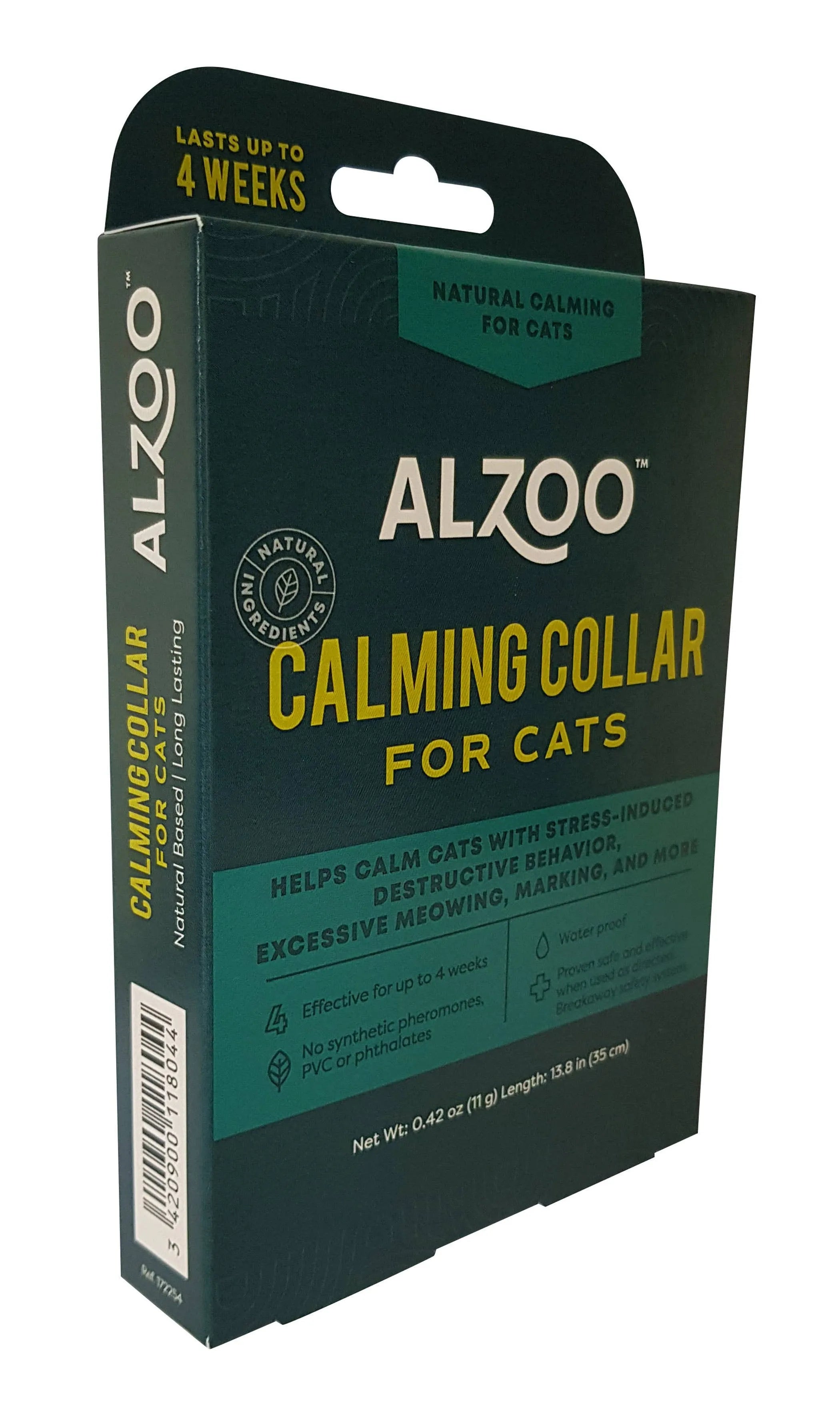 ALZOO plant-based calming cat collar with adjustable strap, featuring natural scent for stress relief in cats.