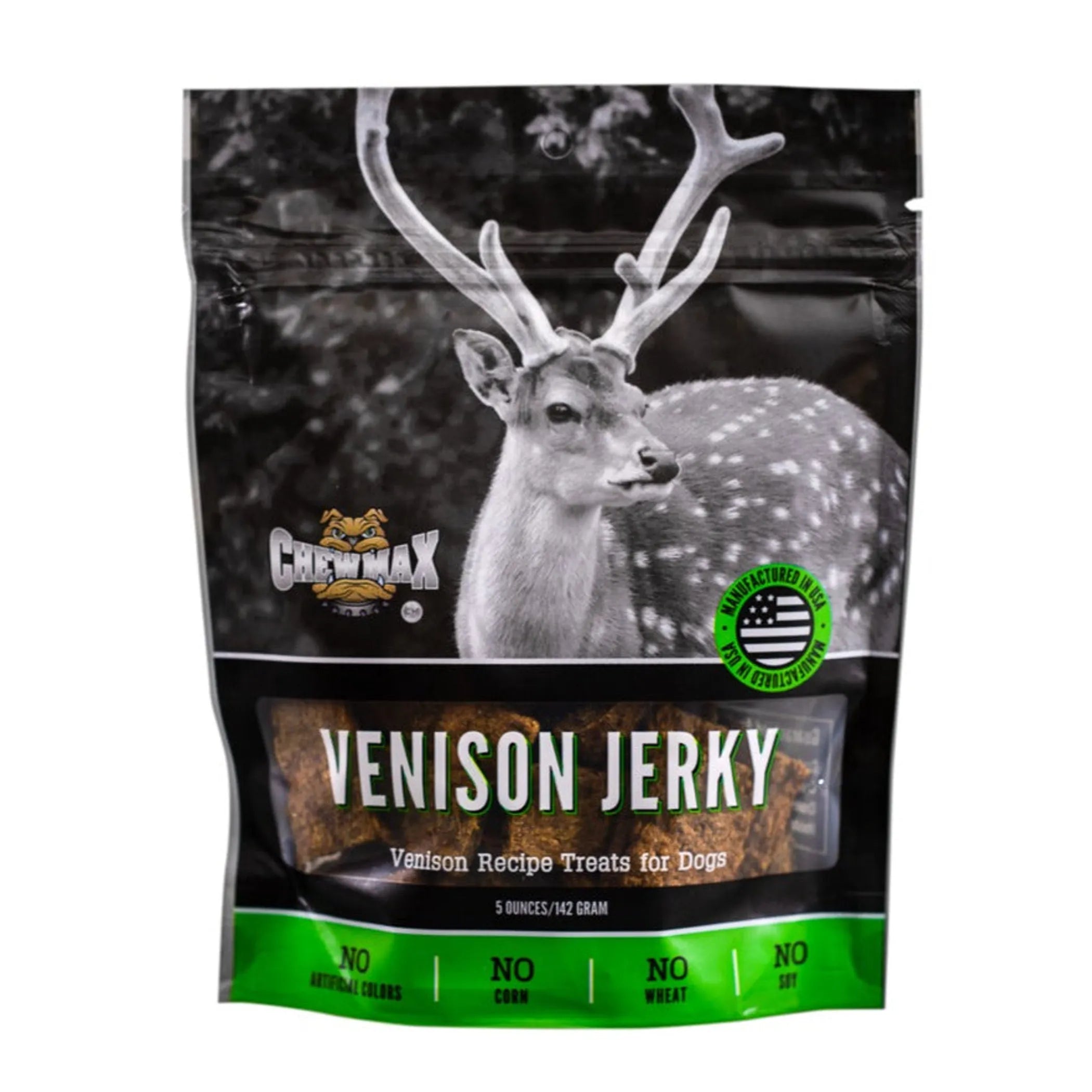 ChewMax Pet Products venison jerky treat for dogs, showing a close-up of the dried, flavorful venison strips on a white background.