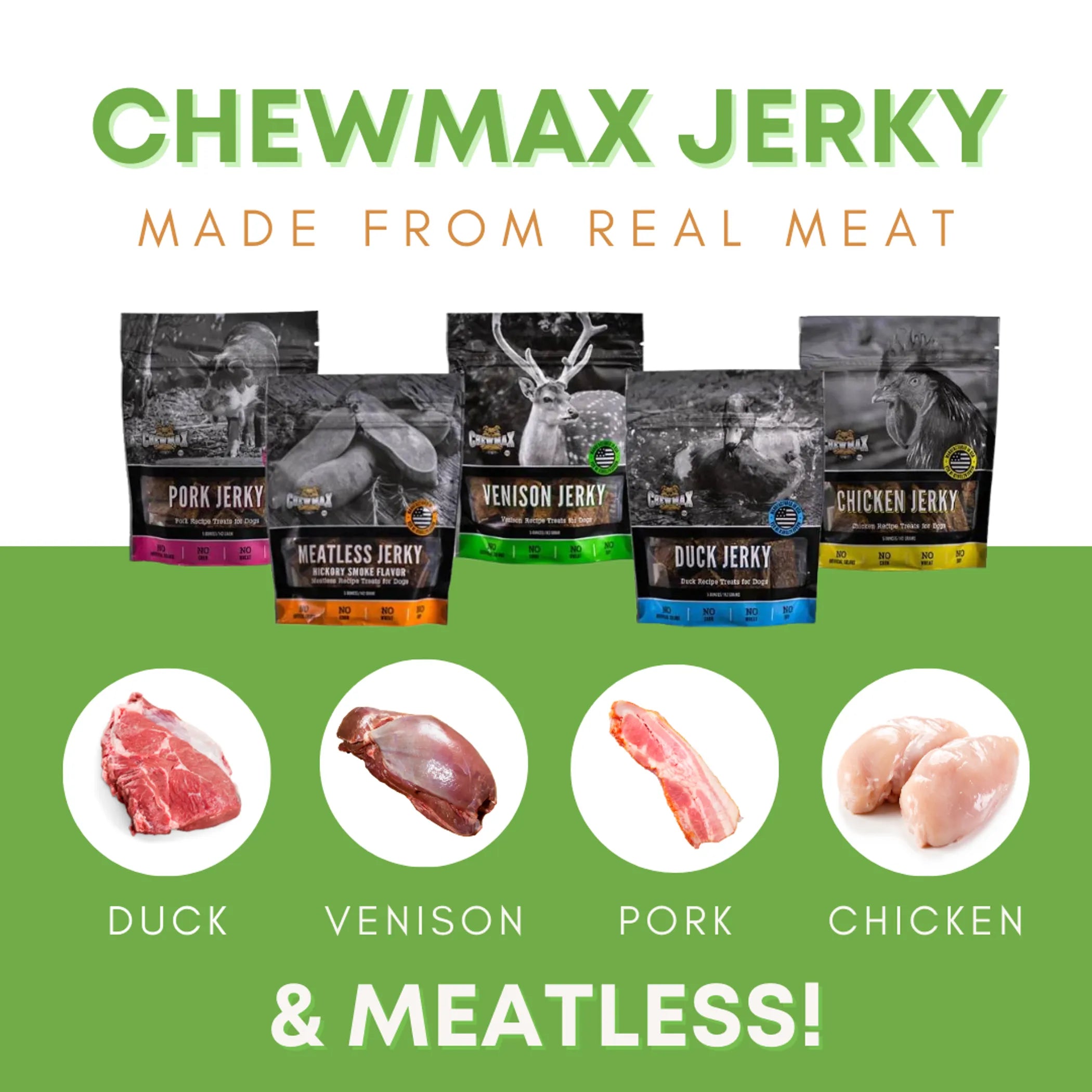 ChewMax Pet Products venison jerky treats for dogs, showing a close-up of the chewy, dried venison snack on a white background.
