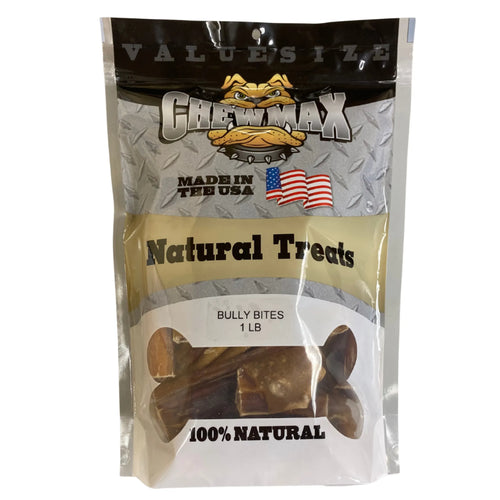 ChewMax Pet Products Bully Bites dog treat bag with treats for chewing and rewarding dogs, shown in a compact, portable design.
