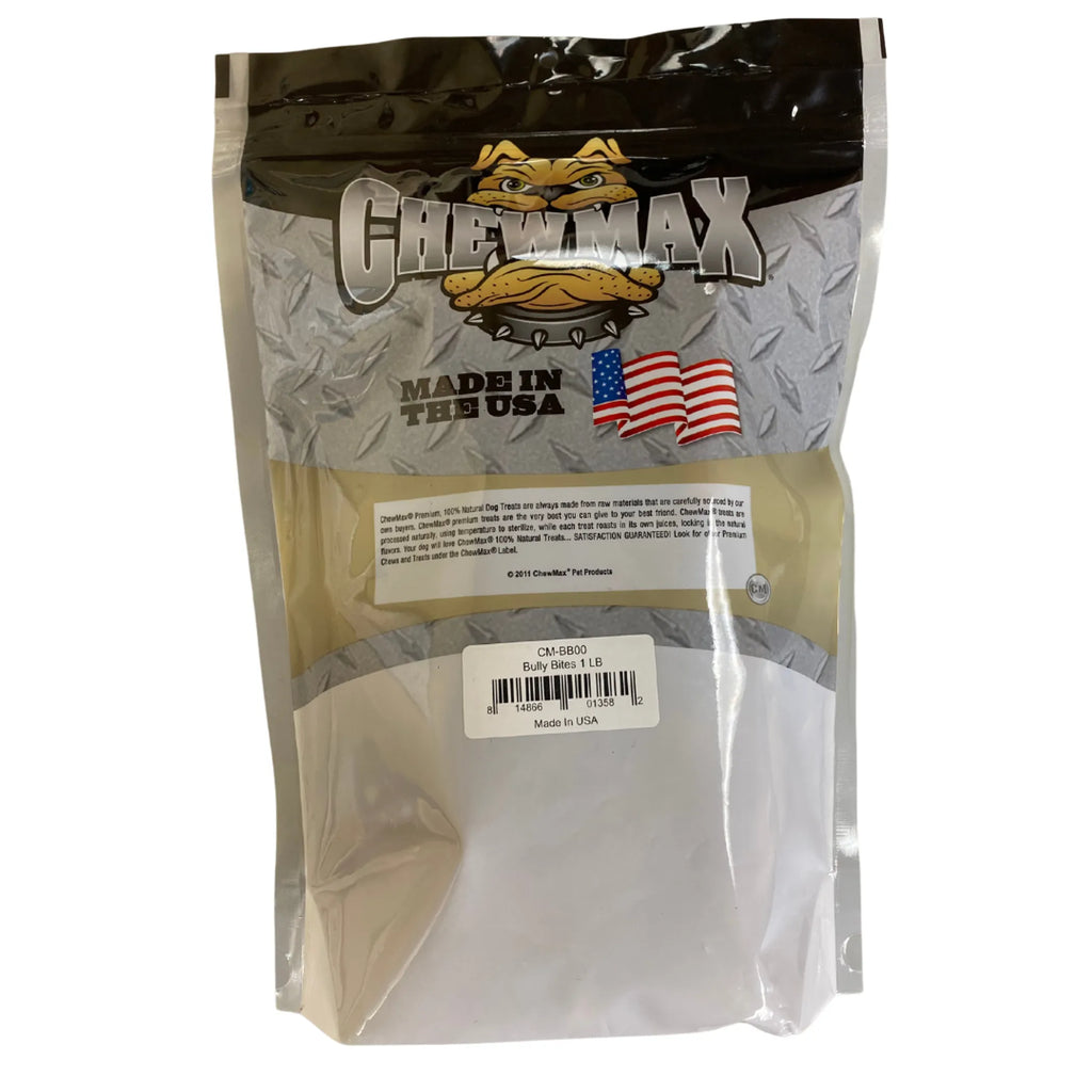 ChewMax Pet Products Bully Bites dog treat bag with treats for chewing and rewards, shown in a practical bag.