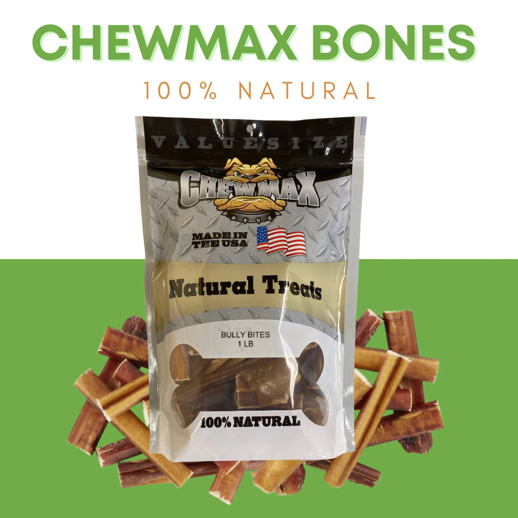 ChewMax Pet Products Bully Bites dog treat bag with treats for chewing and rewards, shown with treats inside the bag.