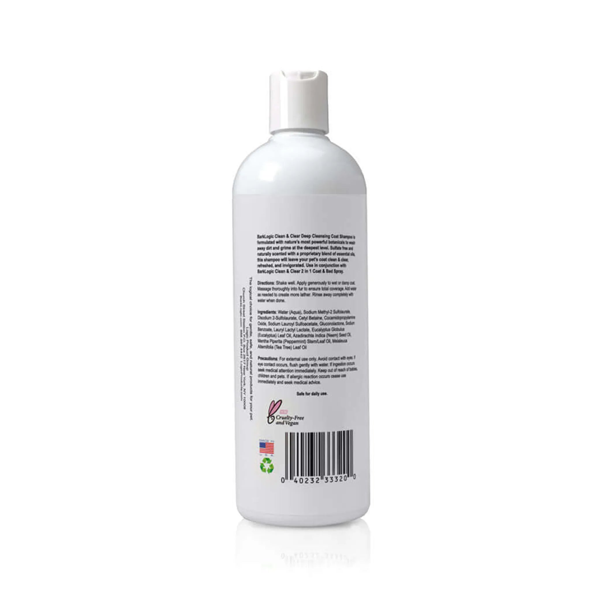 Pet shampoo bottle labeled BarkLogic Clean & Clear Deep Cleansing Coat Shampoo by Logic Products, with a clean design and product details.