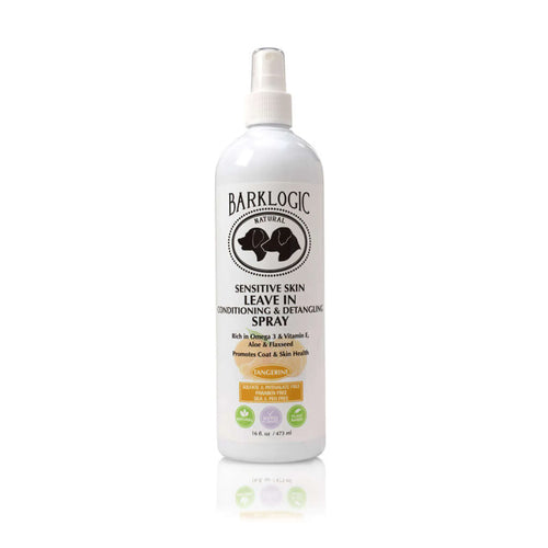 Pet conditioner spray for sensitive skin by Logic Products, showing a bottle of BarkLogic Sensitive Skin Leave-In Conditioning & Detangling Spray