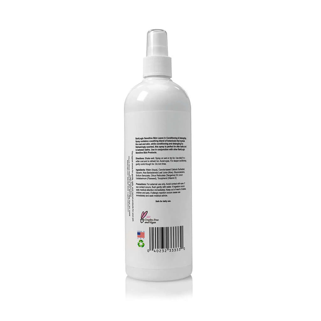 Pet dog being sprayed with BarkLogic Sensitive Skin Leave-In Conditioner and Detangler, pet grooming product by Logic Products