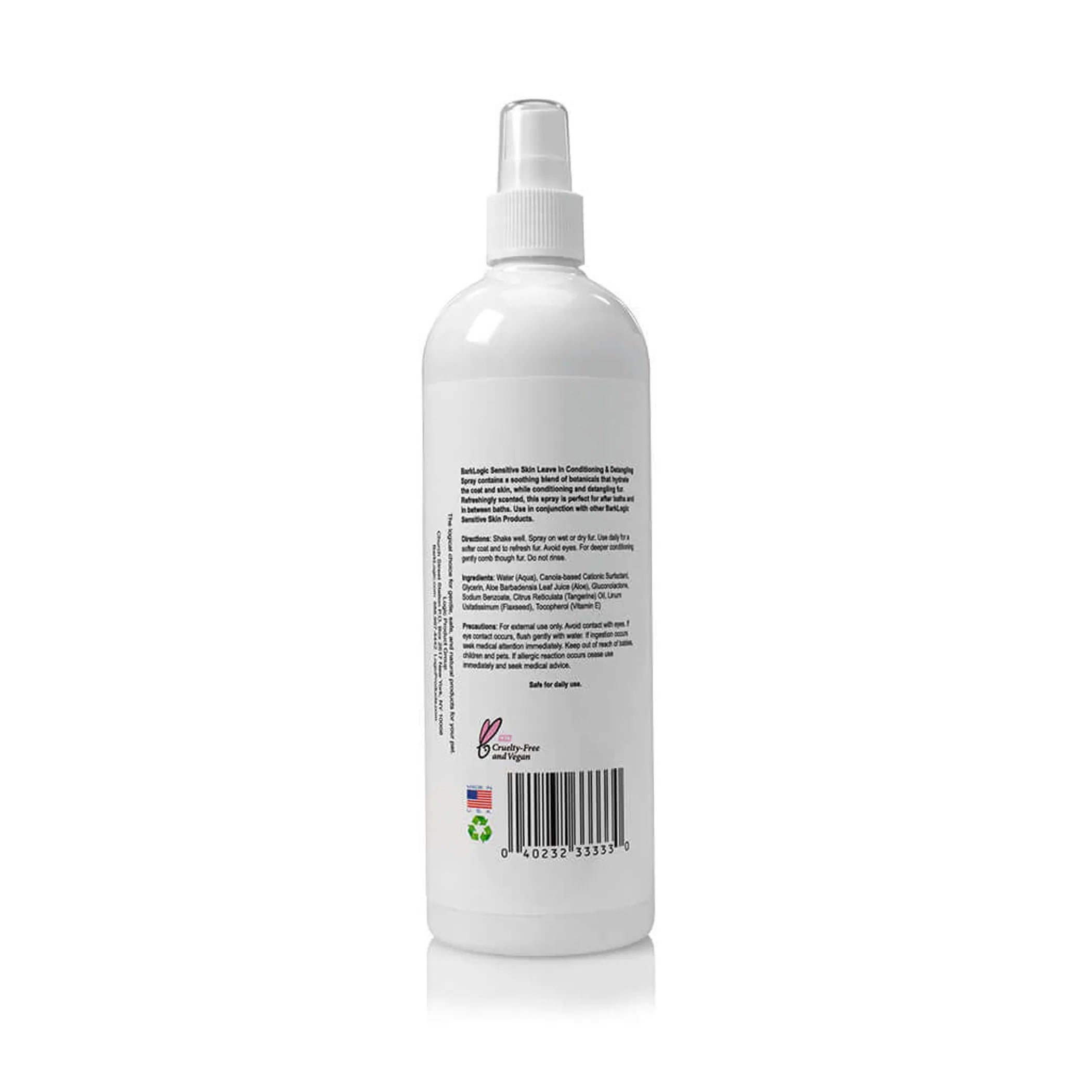 Pet dog being sprayed with BarkLogic Sensitive Skin Leave-In Conditioner and Detangler, pet grooming product by Logic Products