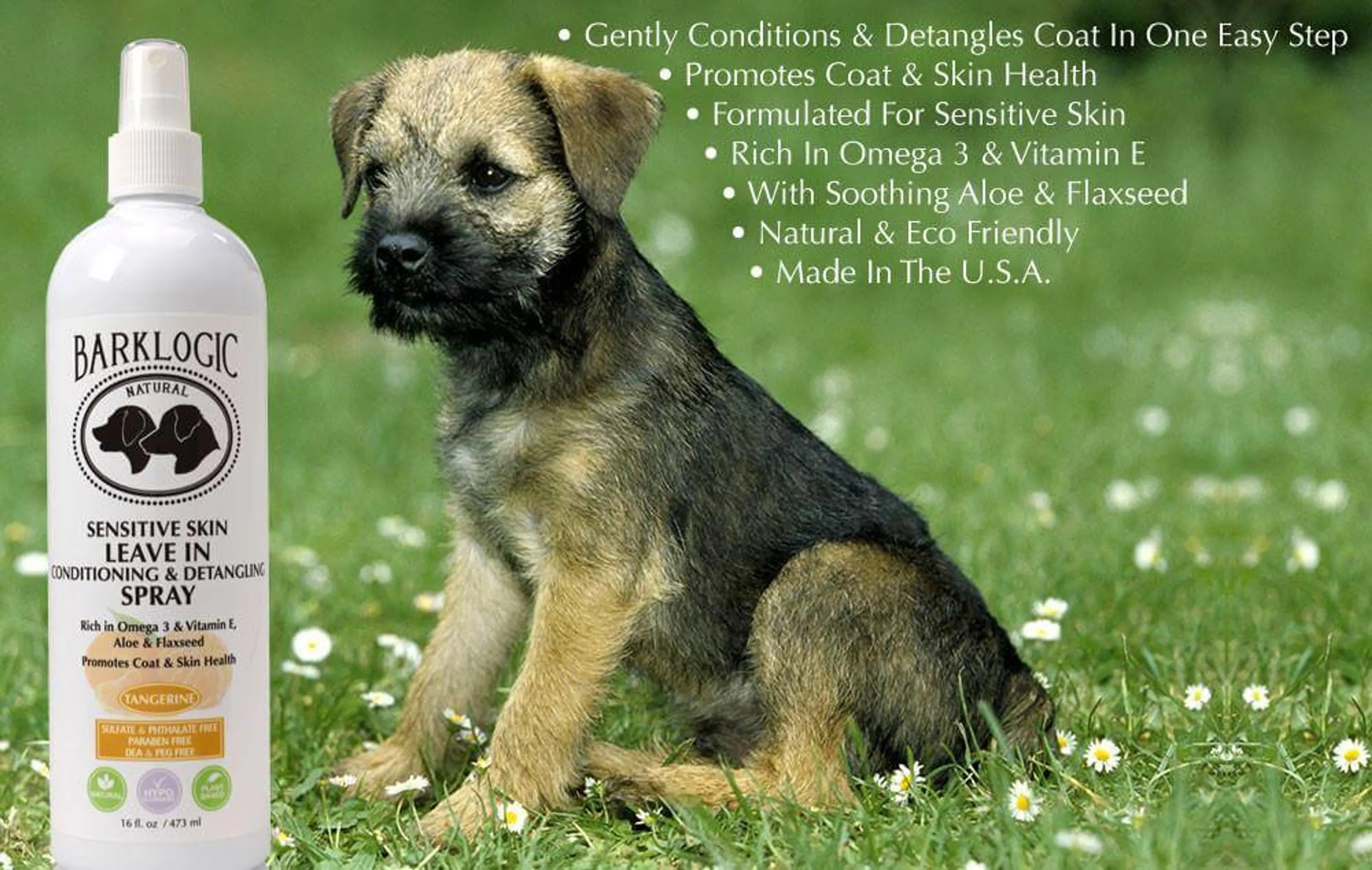 Pet dog with shiny coat, using BarkLogic Sensitive Skin Leave-In Conditioning and Detangling Spray by Logic Products.