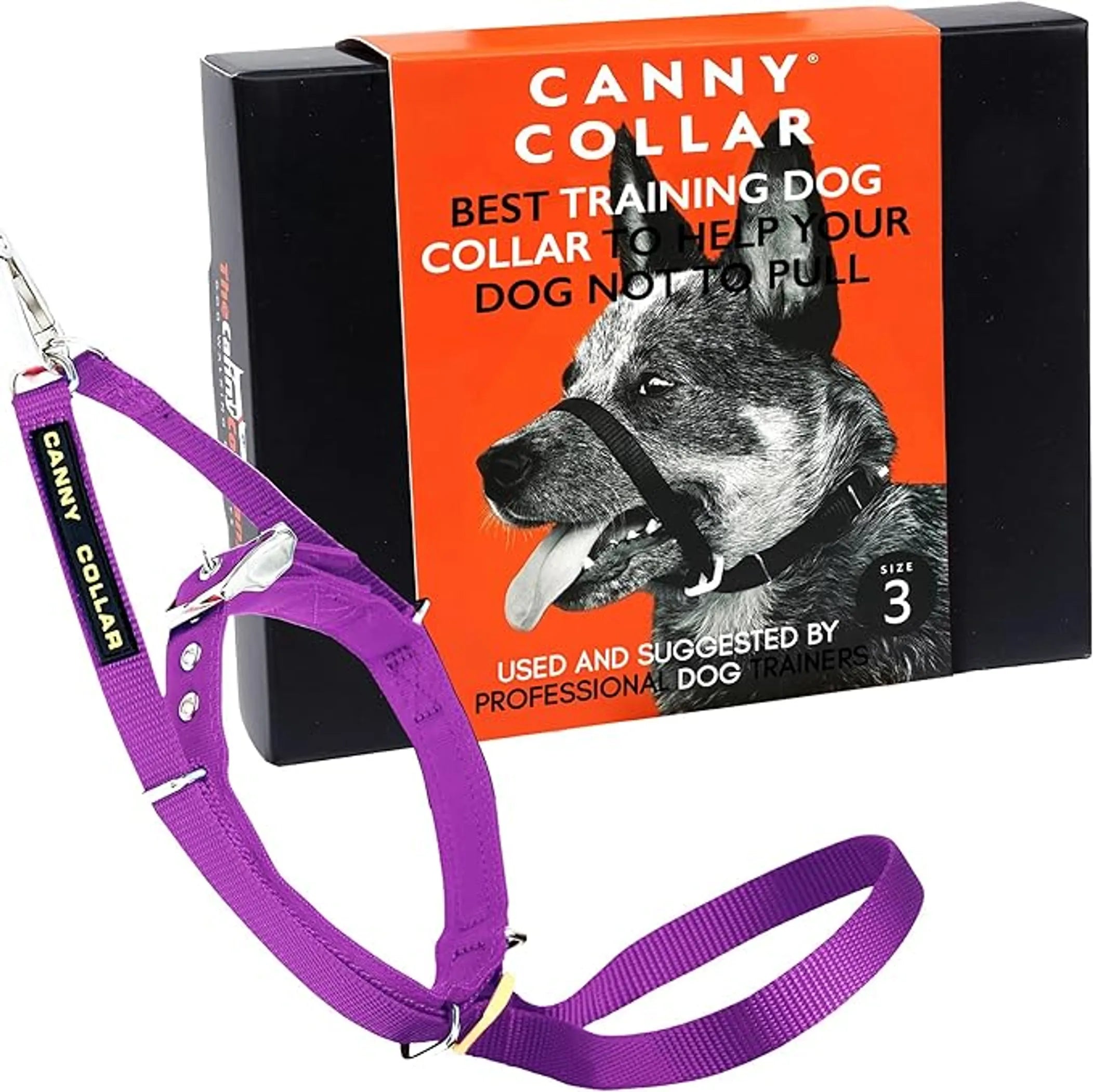 CannyCo America no-pull dog head collar for gentle leash training, showing adjustable strap and urban dog walking in action.