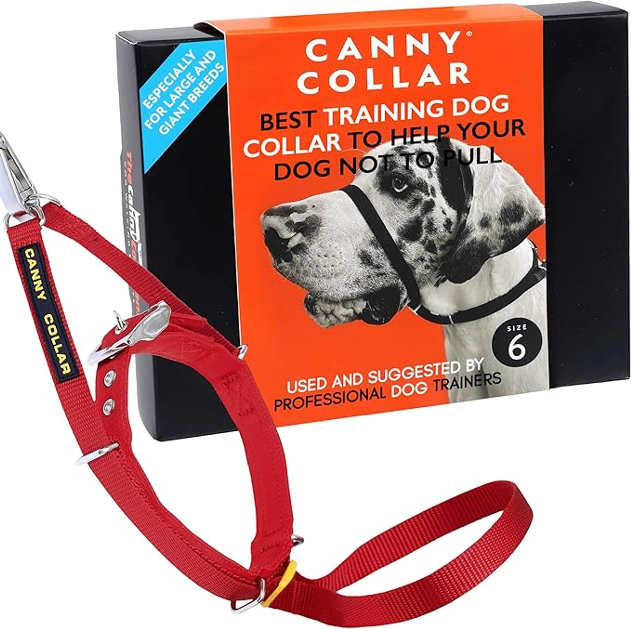 CannyCo America No-Pull Dog Head Collar for gentle, humane leash training, shown on a dog, made of durable nylon material.