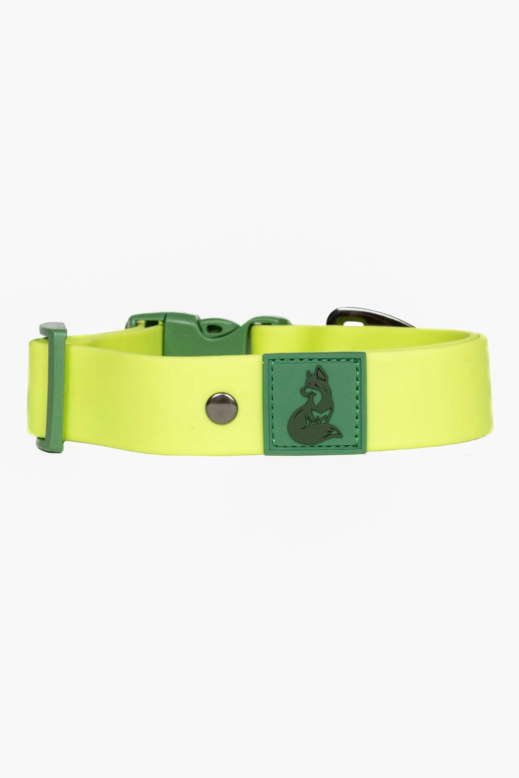 Mossy Pine waterproof dog collar by Aria the Fox, featuring green and brown camouflage pattern on durable nylon material
