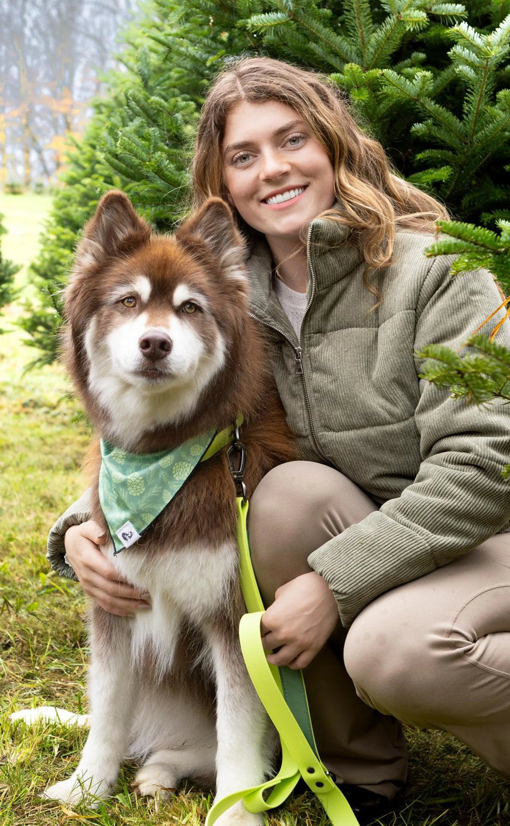 Mossy Pine waterproof dog collar by Aria the Fox with green and brown mossy pine pattern on durable nylon strap.
