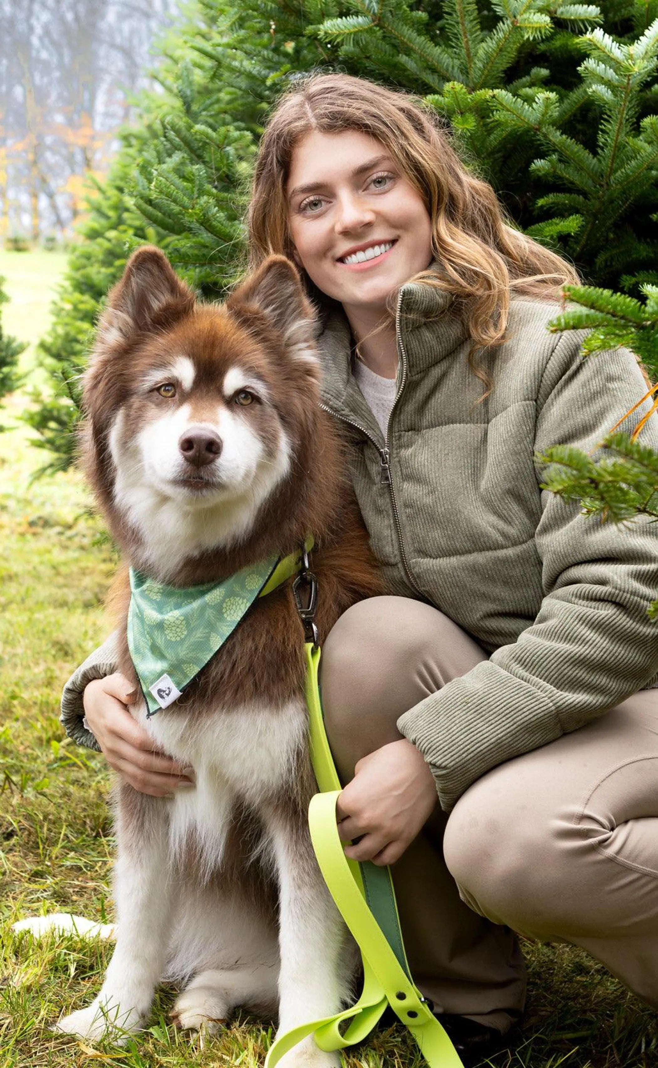 Mossy Pine waterproof dog collar by Aria the Fox with green and brown mossy pine pattern on durable nylon strap.