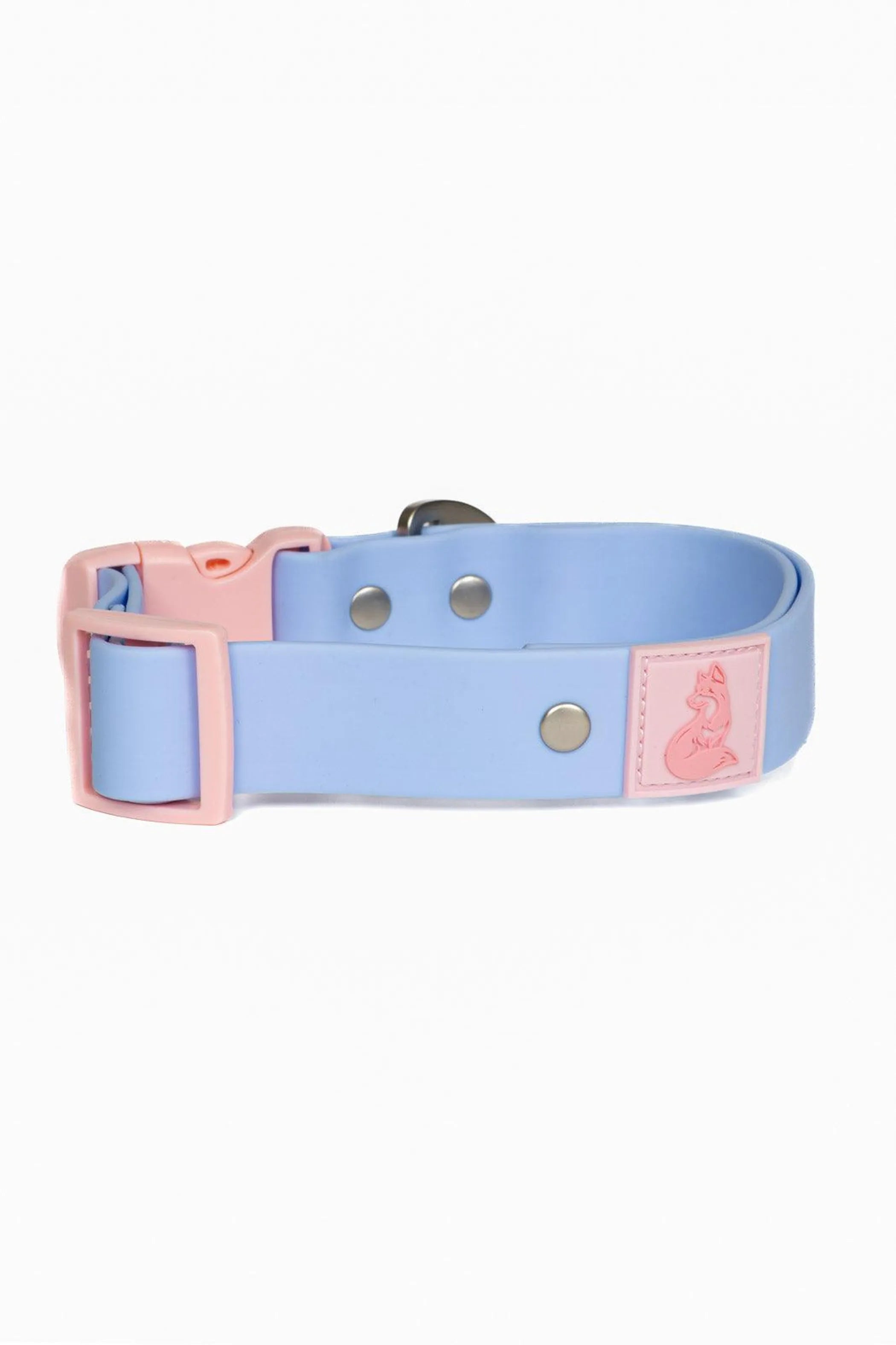 Blue Sky Orchid waterproof dog collar by Aria the Fox, featuring vibrant floral design on durable nylon.