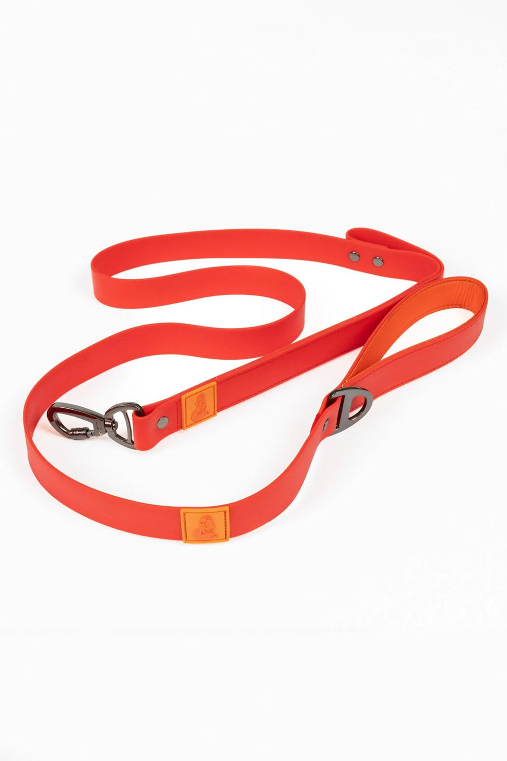 Scarlet Peaks waterproof dog leash by Aria the Fox, showing a durable red nylon leash with metal clasp for secure walking.