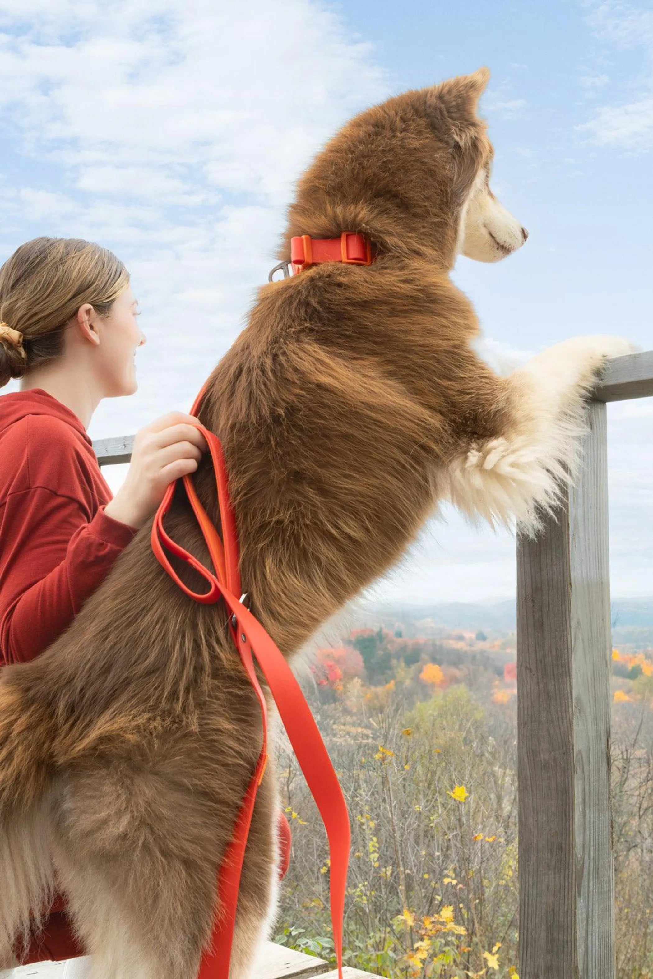Scarlet Peaks waterproof dog leash by Aria the Fox with durable nylon material and secure metal clip for outdoor walks.