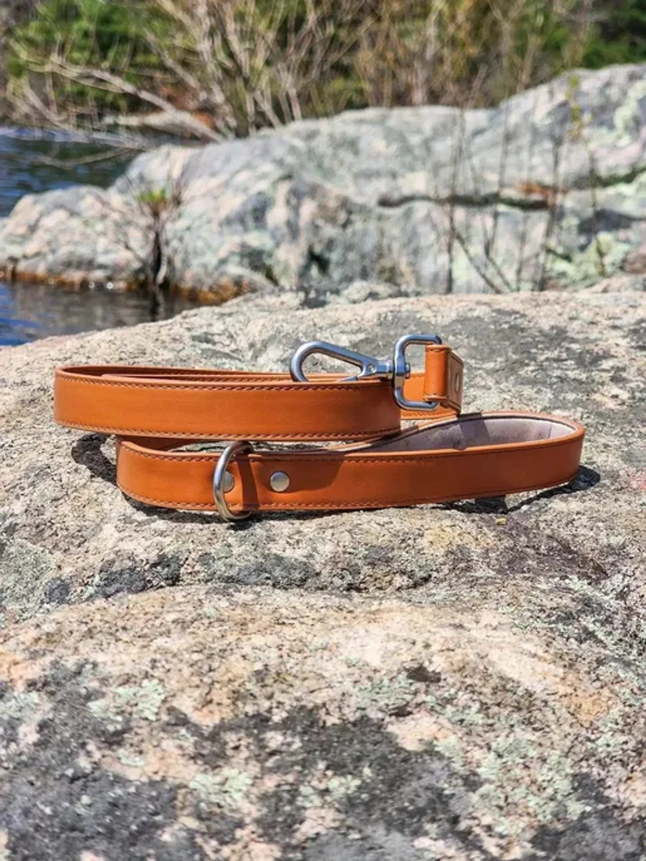 Aria the Fox Sierra Sunrise vegan leather dog leash with sturdy handle and metal clip for secure dog walking.