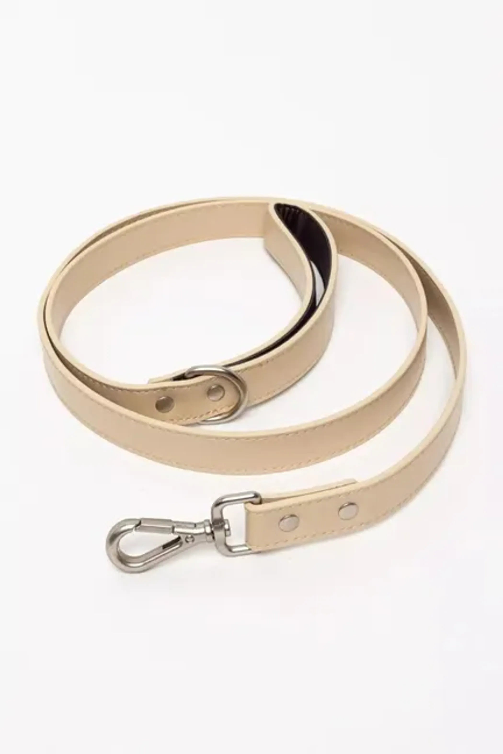 Champagne Fizz vegan leather dog leash by Aria the Fox, featuring a stylish tan design with metal hardware for secure control.