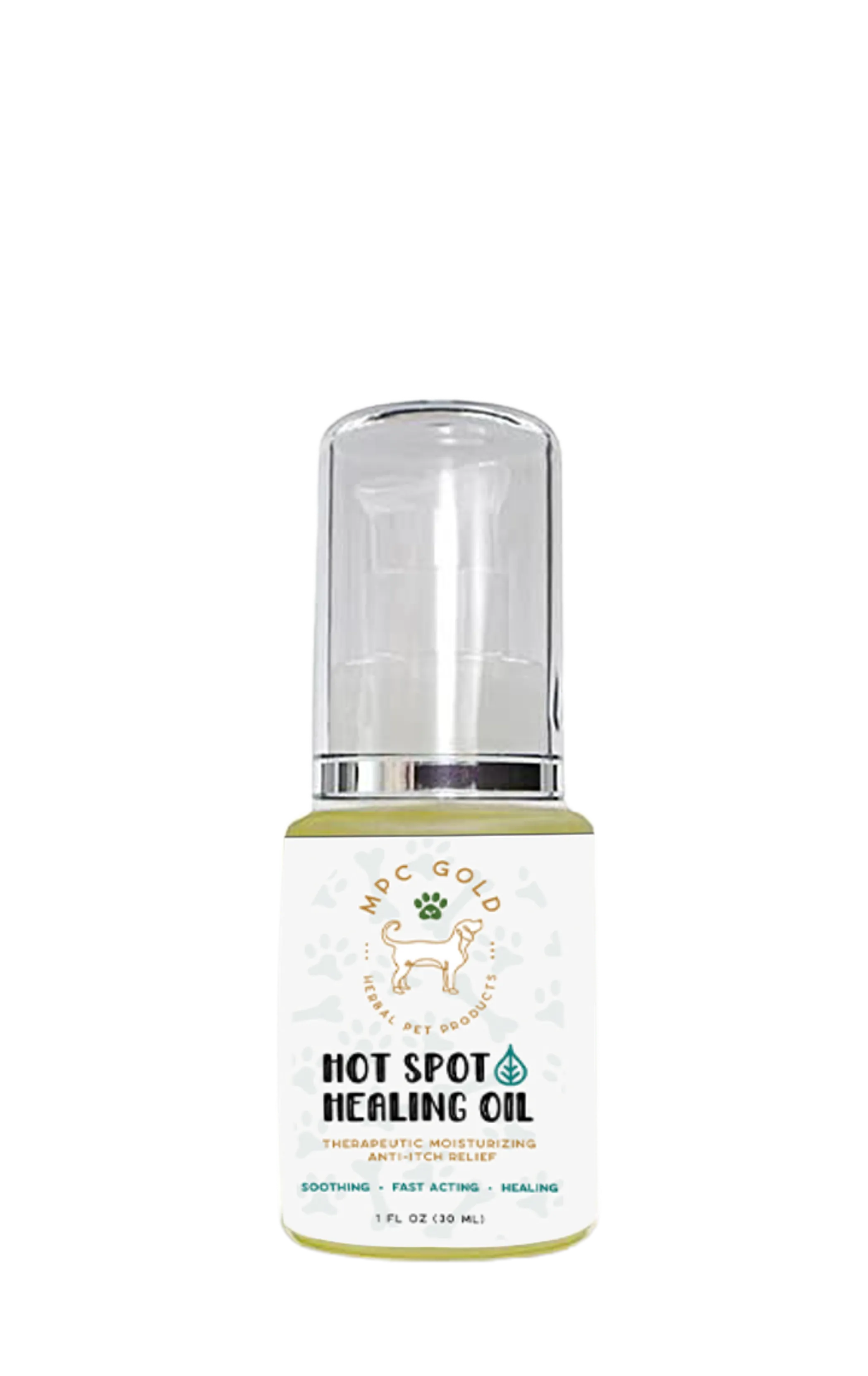 MPC Gold Hot Spot Healing Oil in a small dropper bottle, grooming supplies for soothing skin irritations on pets.