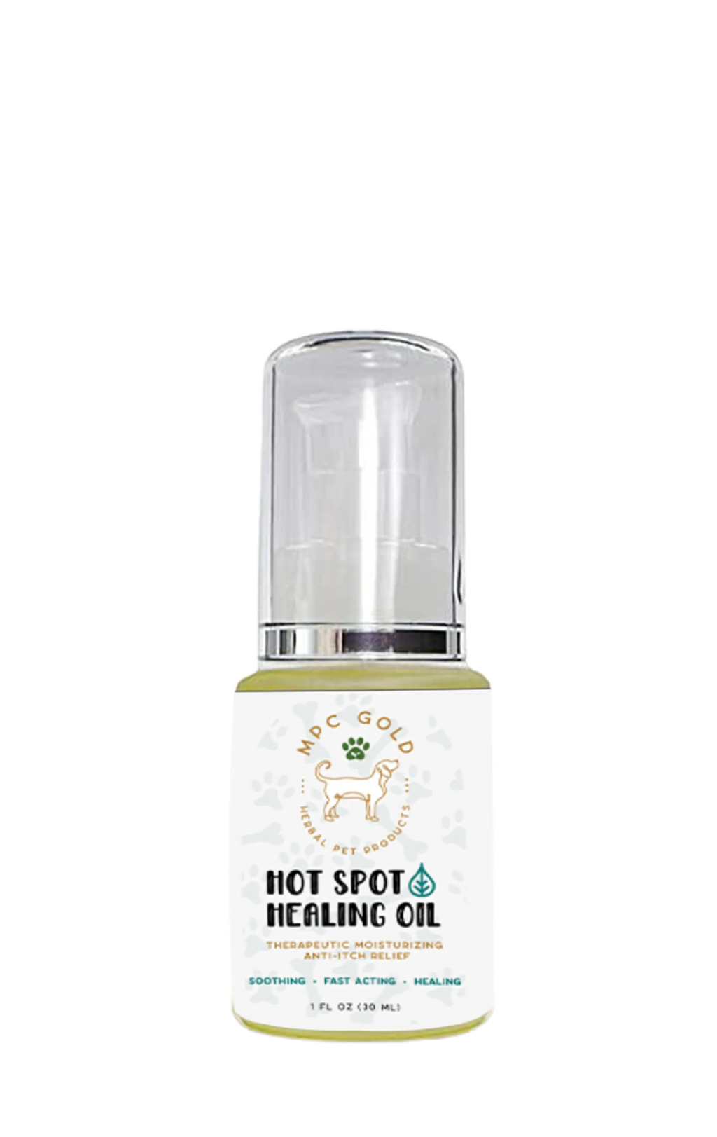 MPC Gold Hot Spot Healing Oil in a small bottle, grooming supplies for skin care and healing, with a dropper cap.