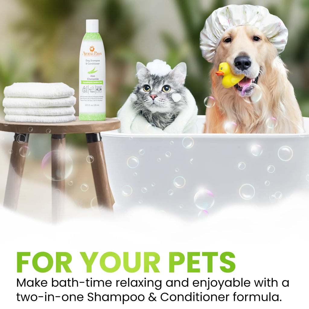 Aroma Paws hypoallergenic pet shampoo bottle, 13.5 oz, designed for gentle, allergy-friendly cleansing for dogs and cats.