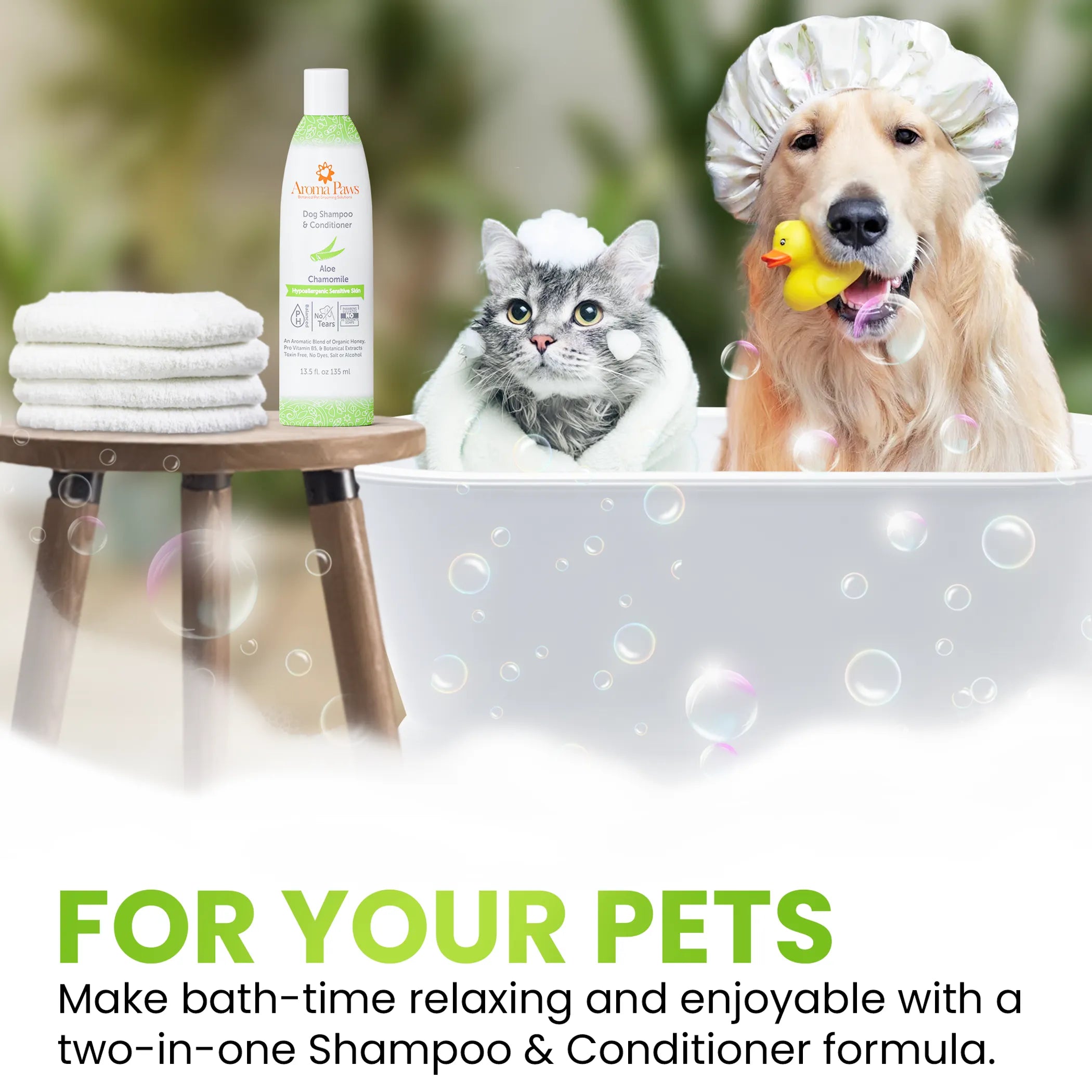 Aroma Paws hypoallergenic pet shampoo bottle, 13.5 oz, designed for gentle, allergy-friendly cleansing for dogs and cats.