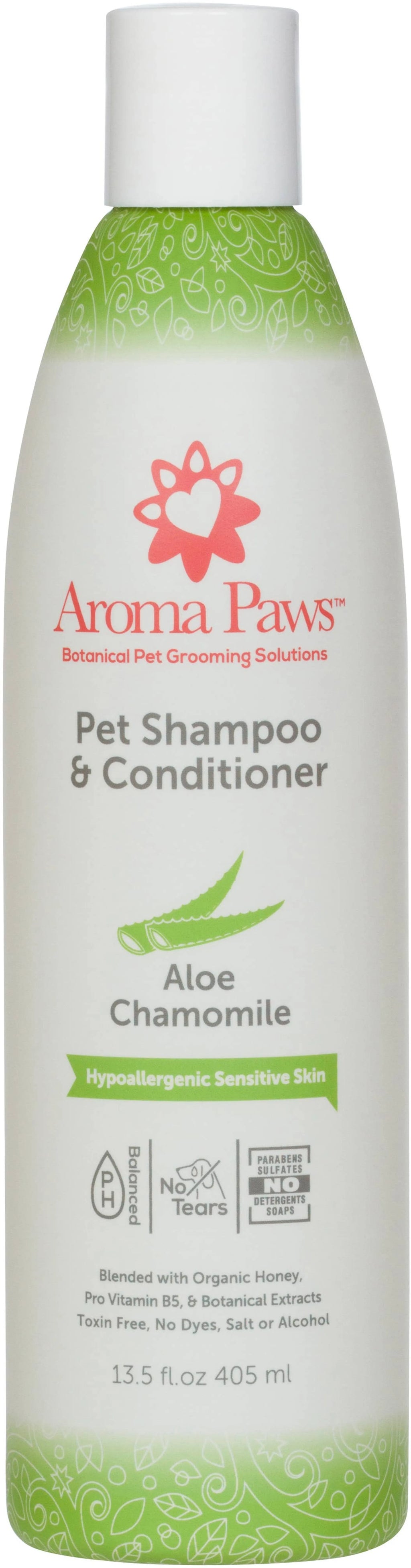 Aroma Paws hypoallergenic pet shampoo bottle, 13.5 oz., designed for gentle, skin-friendly cleansing of dogs and cats.