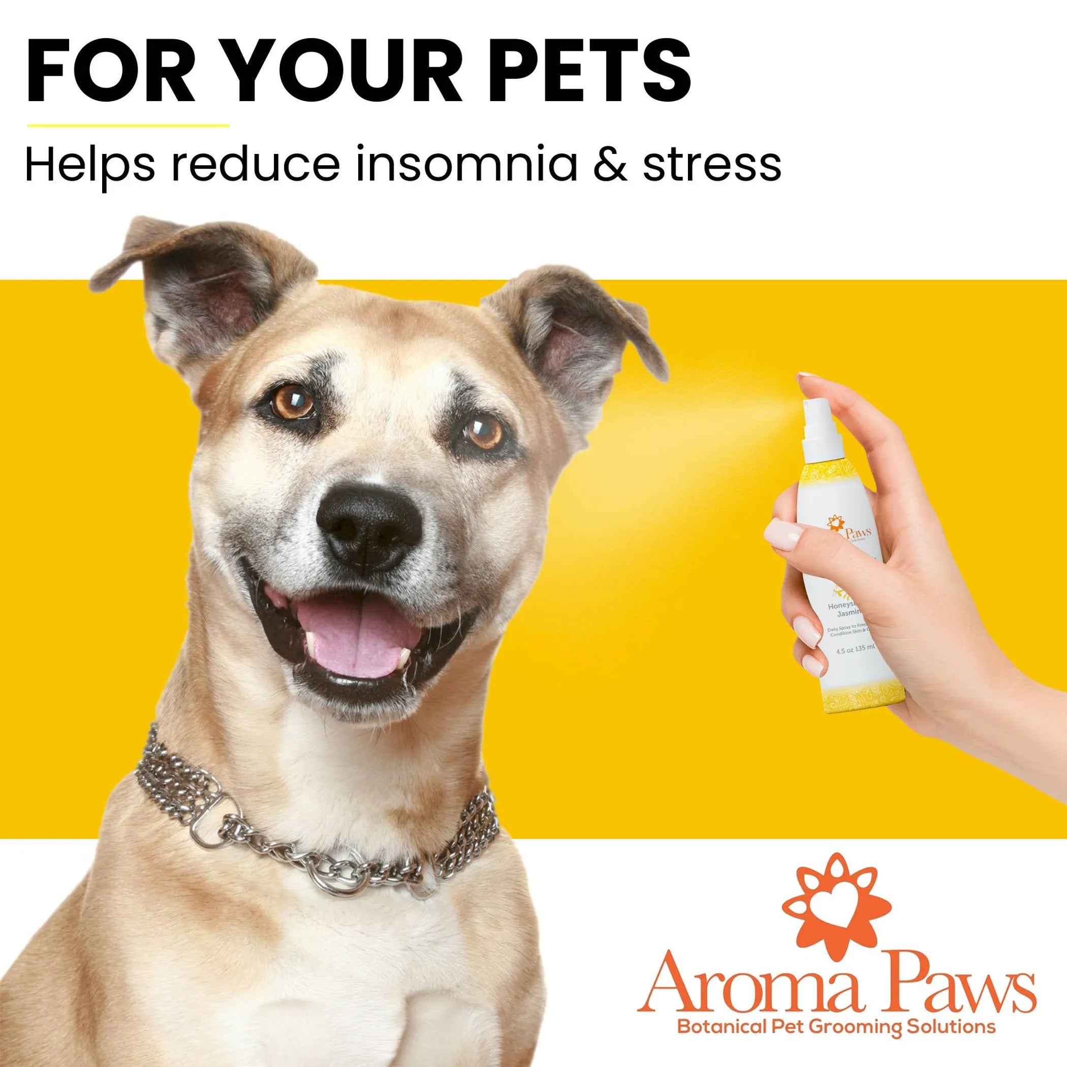 Aroma Paws 4.5 oz dog coat spray with honeysuckle and jasmine, pet grooming spray for freshening and conditioning dog fur.