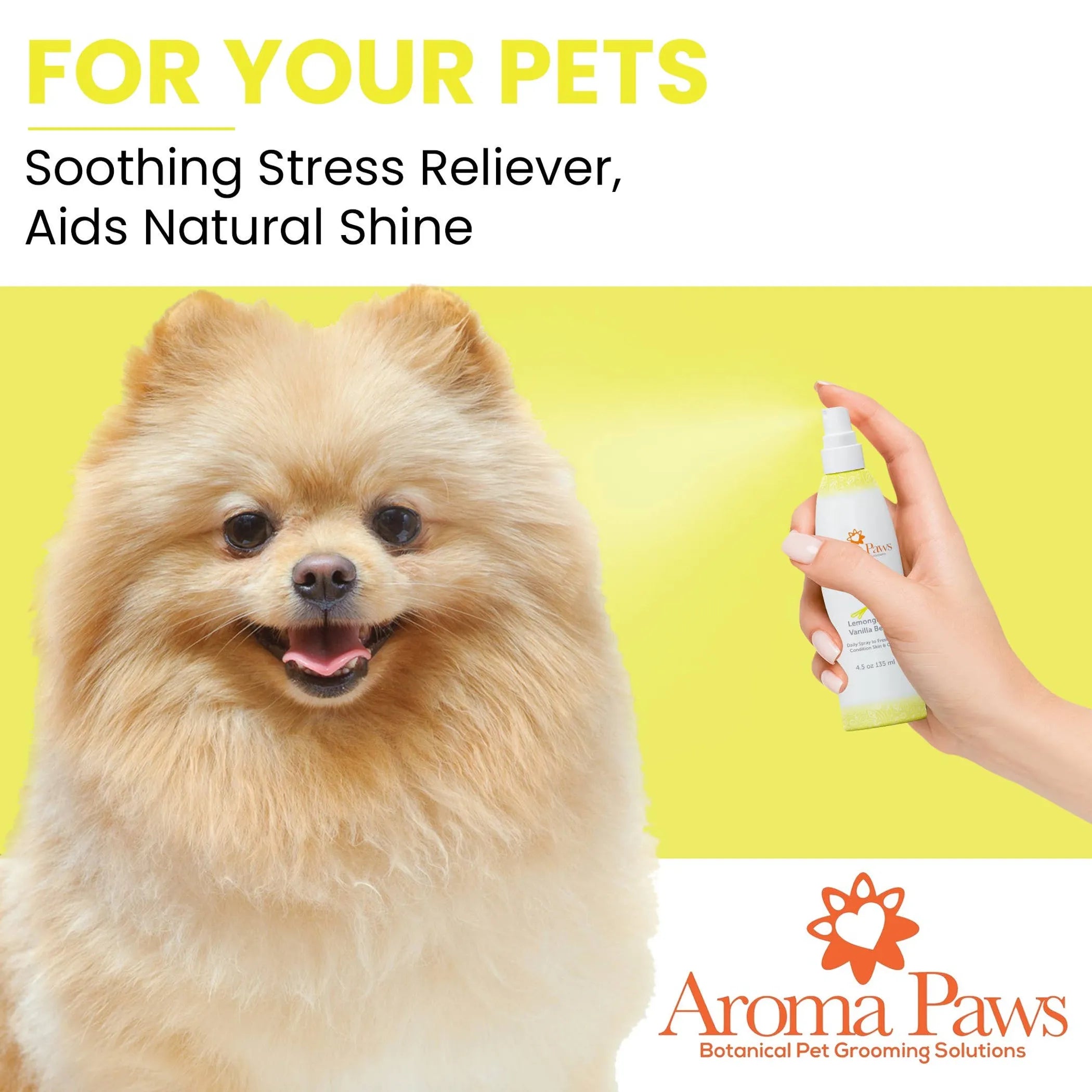 Aroma Paws 4.5 oz dog coat spray with lemongrass and vanilla bean scent, in a clear spray bottle with a black cap.