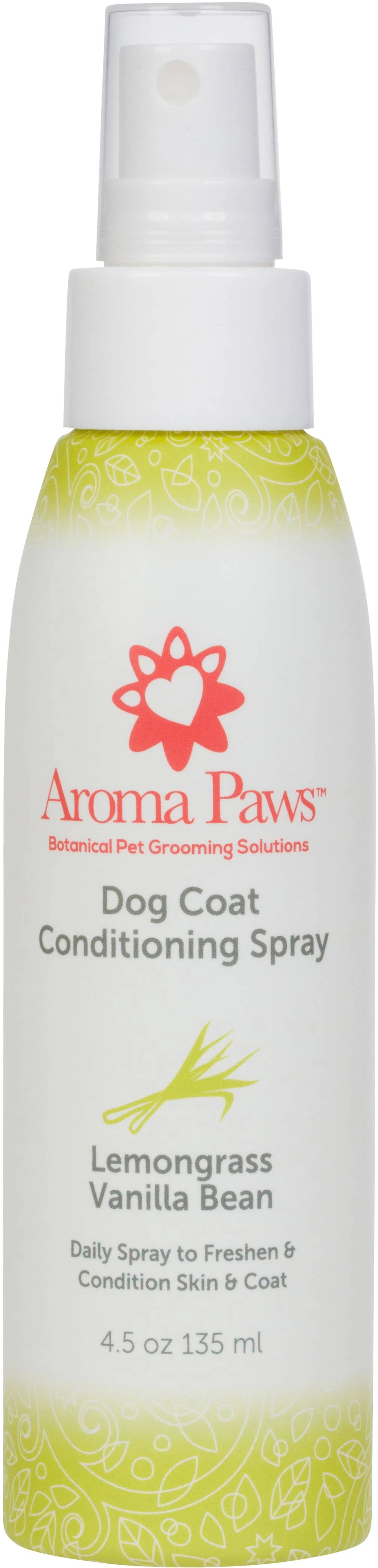 Aroma Paws 4.5 oz dog coat spray with lemongrass and vanilla bean, featuring a spray bottle with a white label and floral accents.
