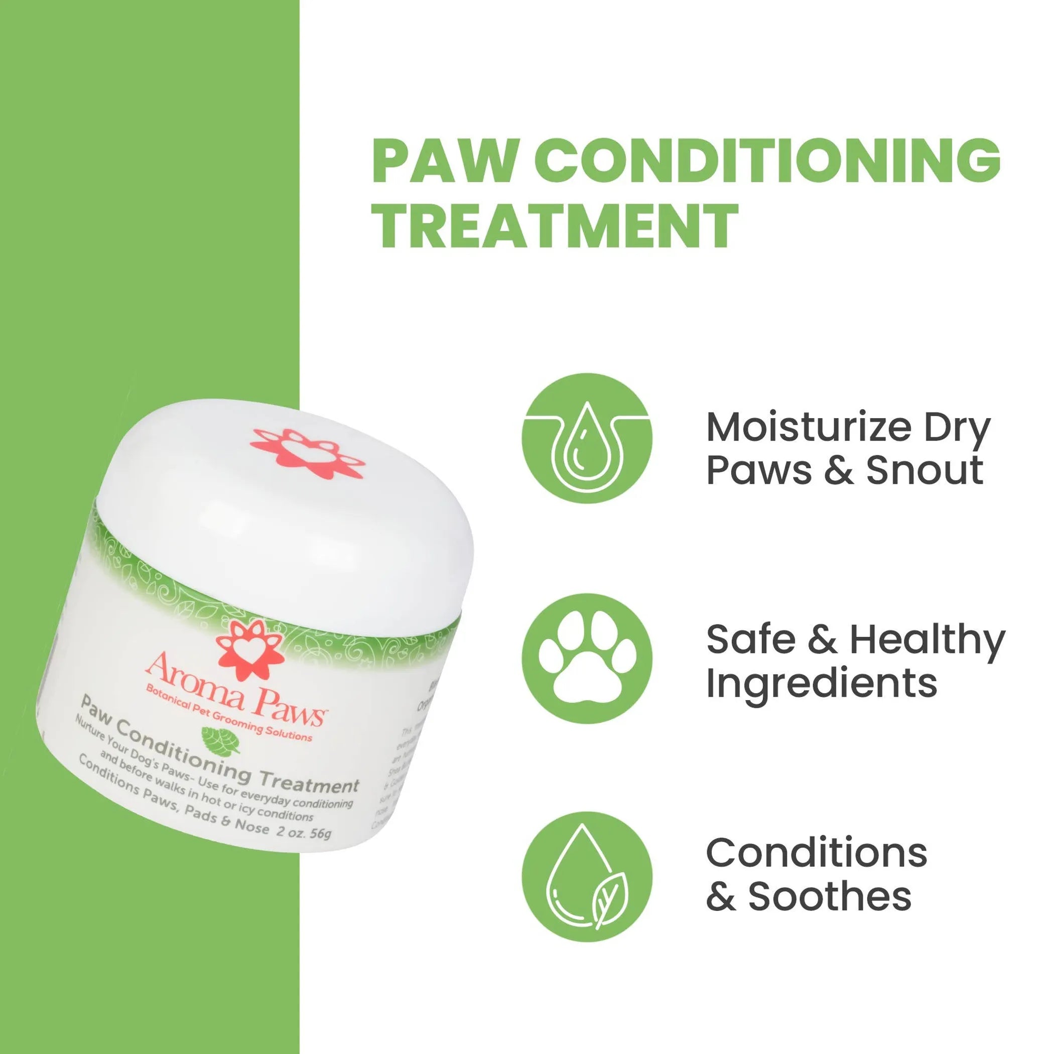 Aroma Paws 2 oz paw conditioning treatment for dogs and cats in a small jar, designed to moisturize and protect pet paw pads.