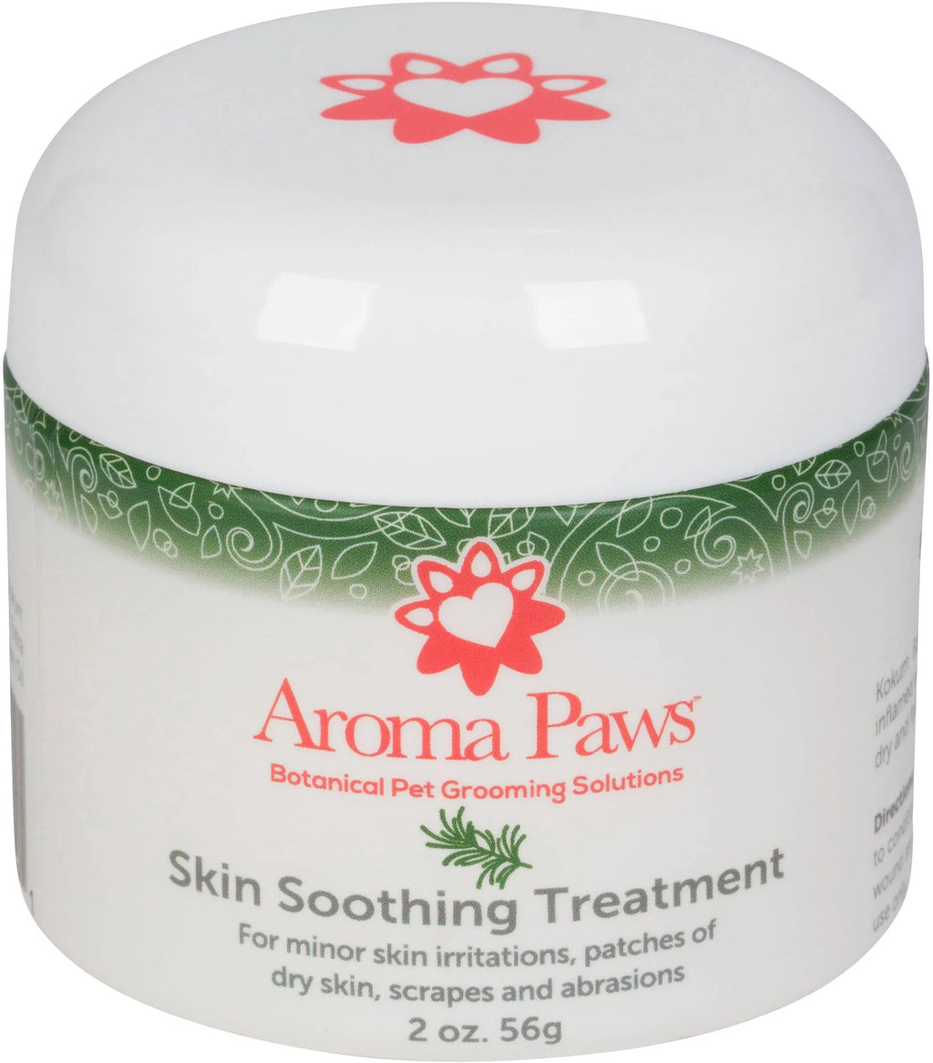 Aroma Paws 2 oz skin soothing pet coat conditioner with rosemary and kokum butter, showing the product bottle and ingredients.