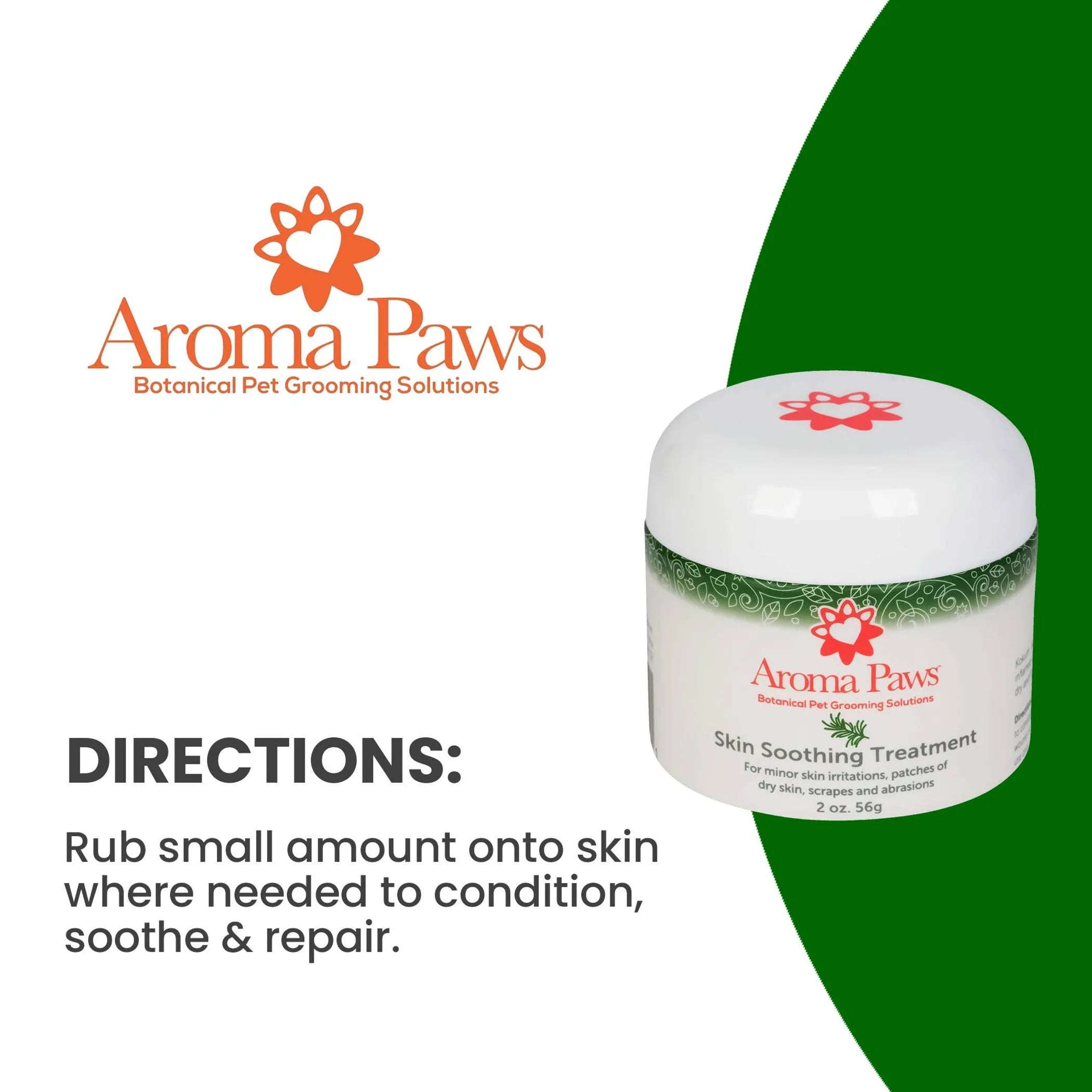 Aroma Paws 2 oz skin soothing pet coat conditioner with rosemary and kokum butter, shown in a small bottle with natural ingredients.
